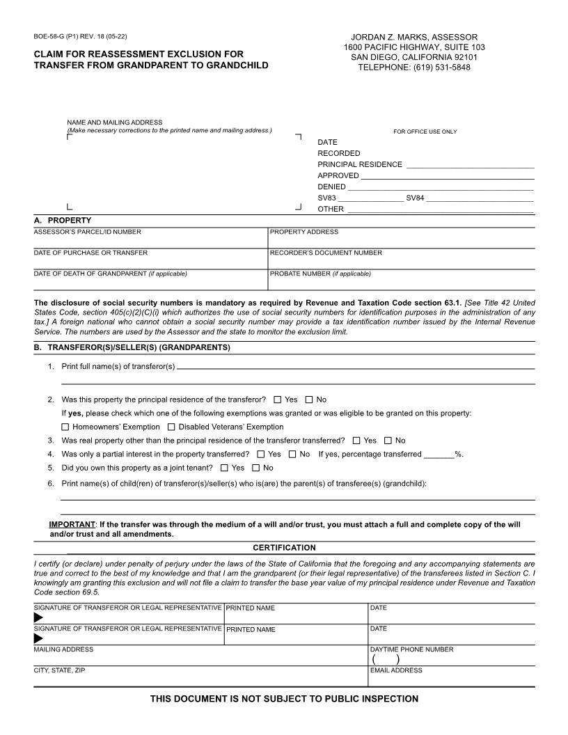 Claim For Reassessment Exclusion-Transfer From Grandparent To Grandchild (Before 02-16-21) (San Diego) {BOE-58-G} | Pdf Fpdf Docx | California