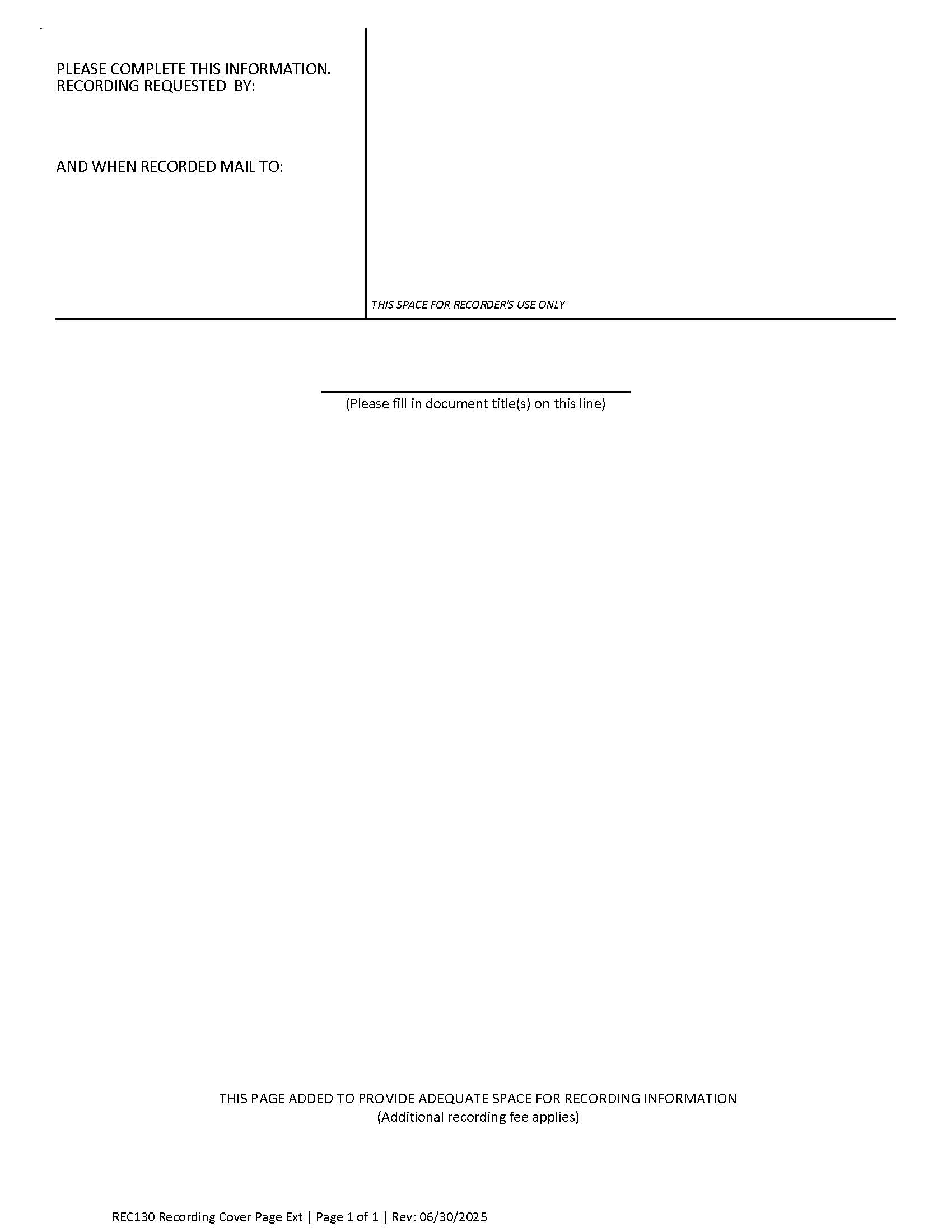 Cover Page For Recording Documents {REC130} | Pdf Fpdf Doc Docx | California