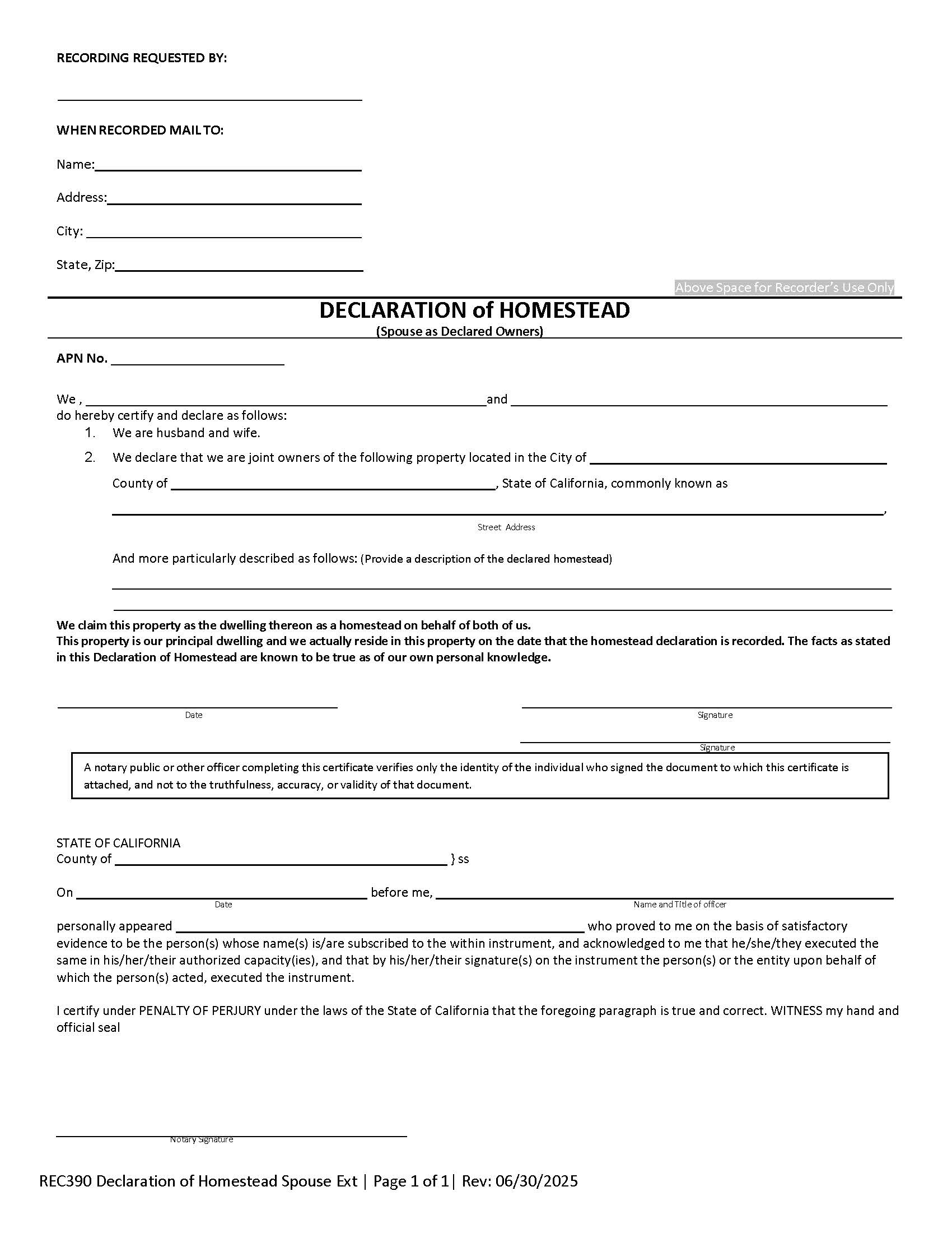 Declaration Of Homestead (Spouse As Declared Owners) (San Diego) | Pdf Fpdf Doc Docx | California