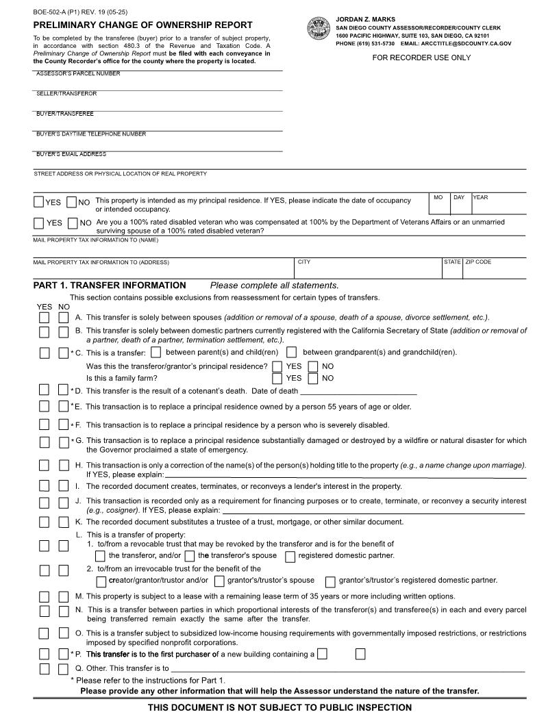 Preliminary Change Of Ownership Report (San Diego) {BOE-502-A} | Pdf Fpdf Docx | California