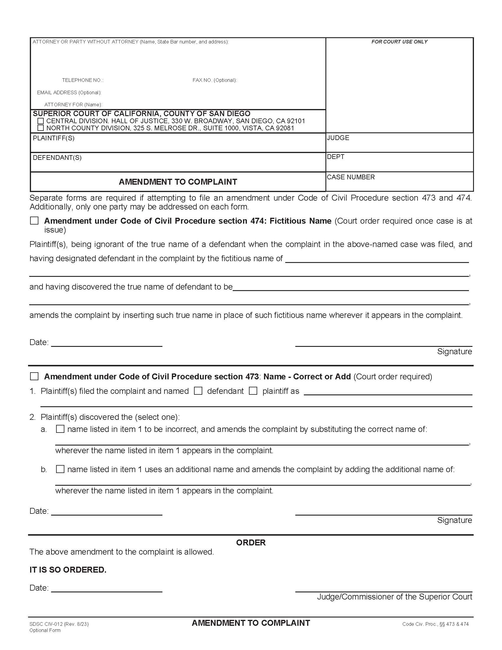 Amendment To Complaint {CIV-012} | Pdf Fpdf Doc Docx | California