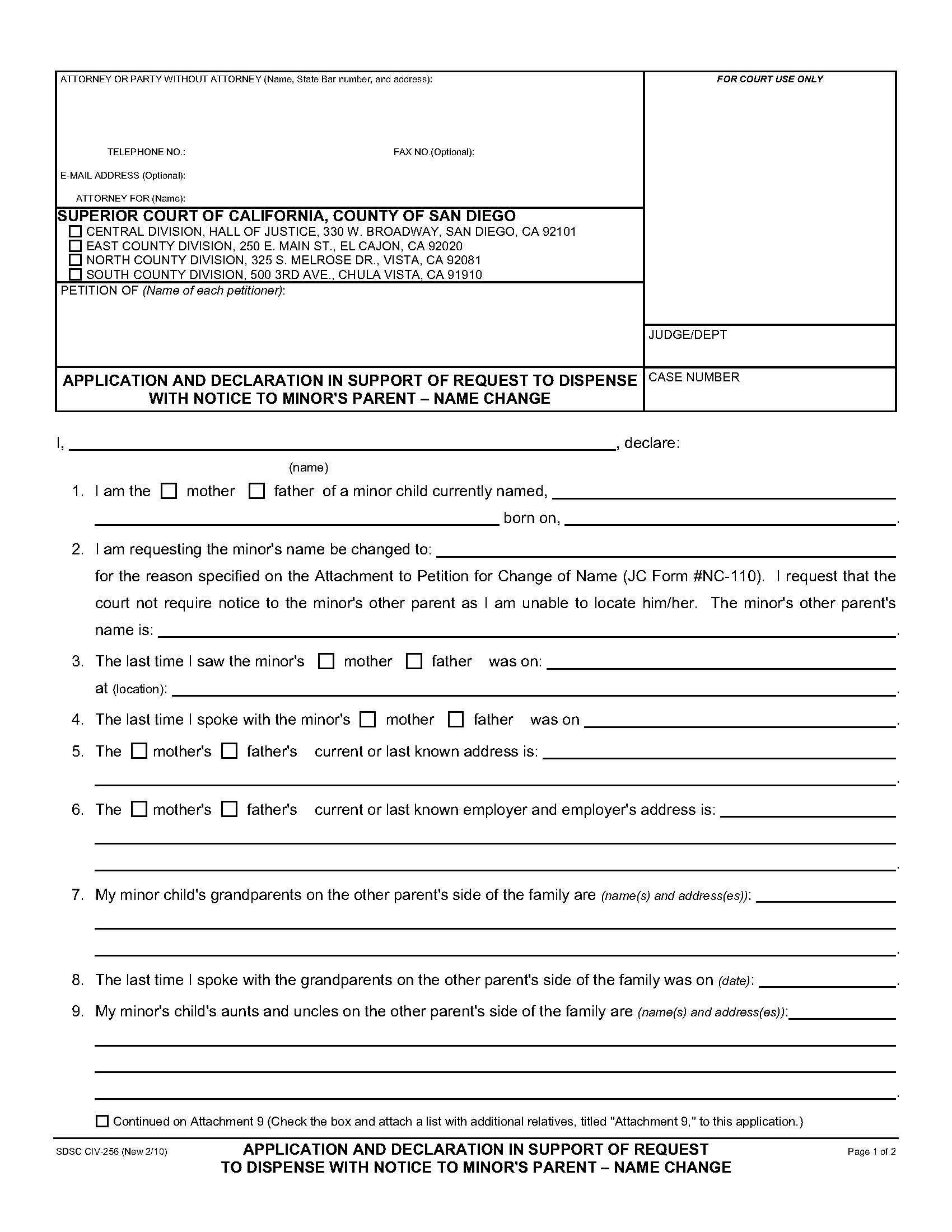 Application And Declaration In Support Of Request To Dispense With Notice {CIV-256} | Pdf Fpdf Doc Docx | California