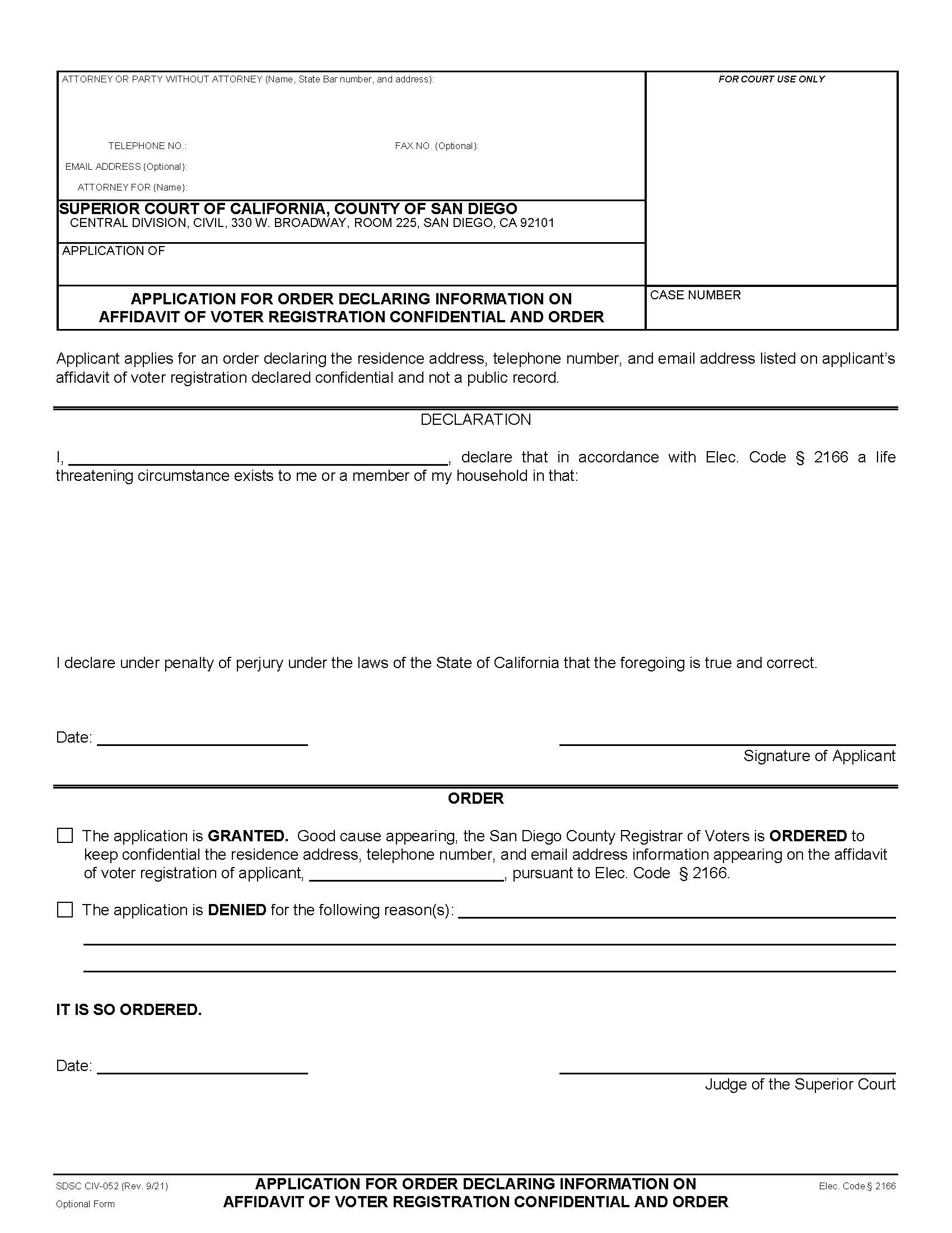 Application And Order Declaring Information On Affidavit Of Voter Registration {CIV-052} | Pdf Fpdf Doc Docx | California