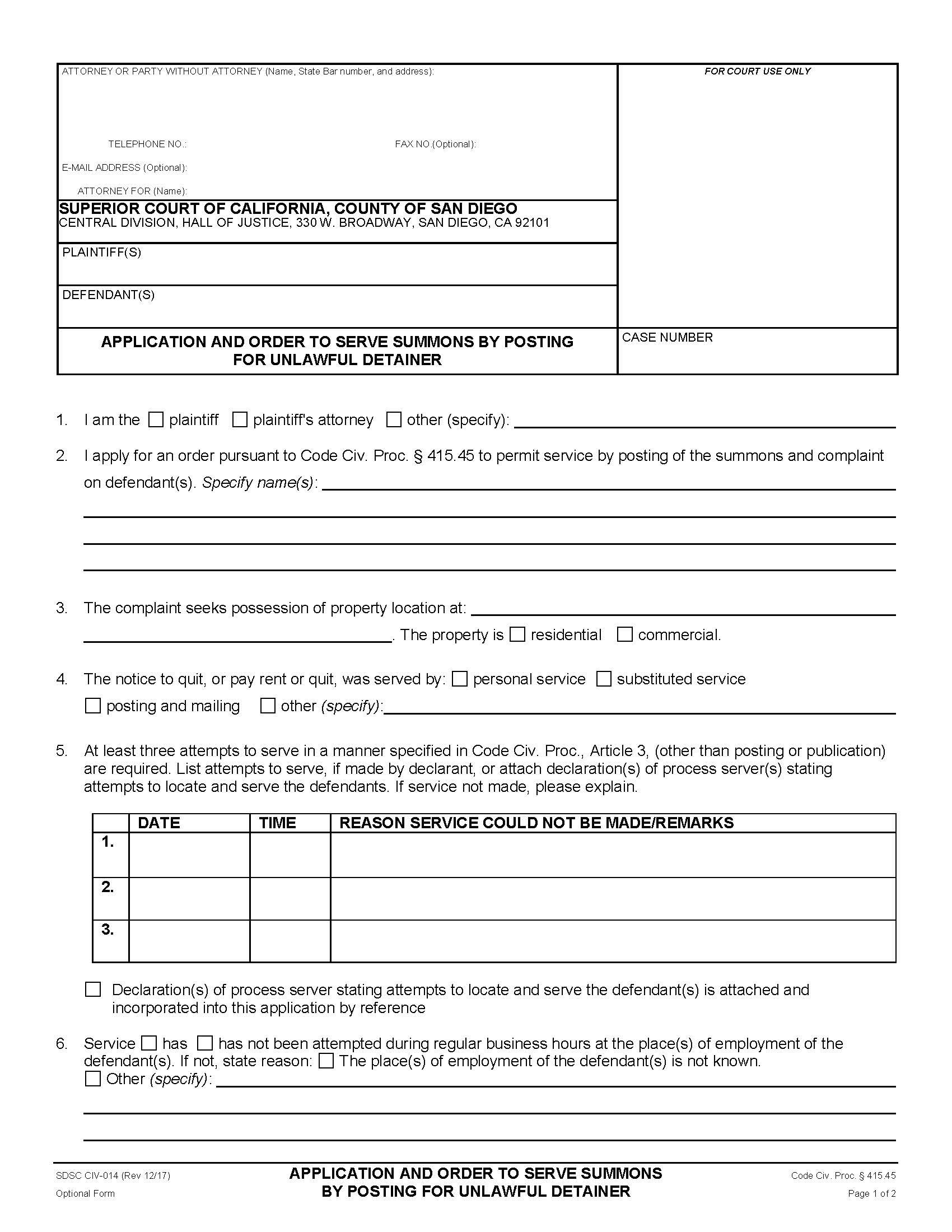 Application And Order To Serve Summons By Posting For Unlawful Detainer {CIV-014} | Pdf Fpdf Docx | California