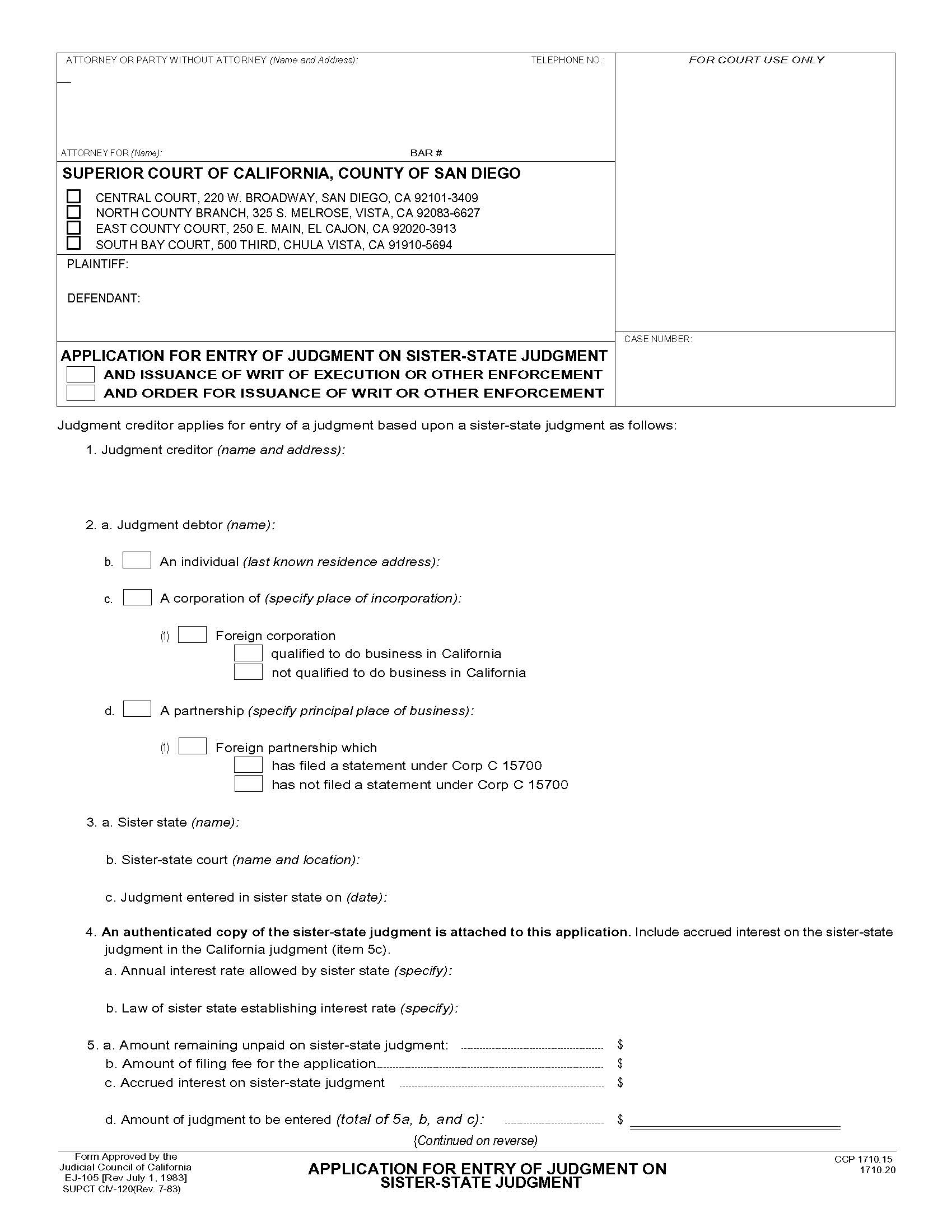 Application For Entry Of Judgment On Sister State Judgment (San Diego) {CIV-120} | Pdf Fpdf Doc Docx | California