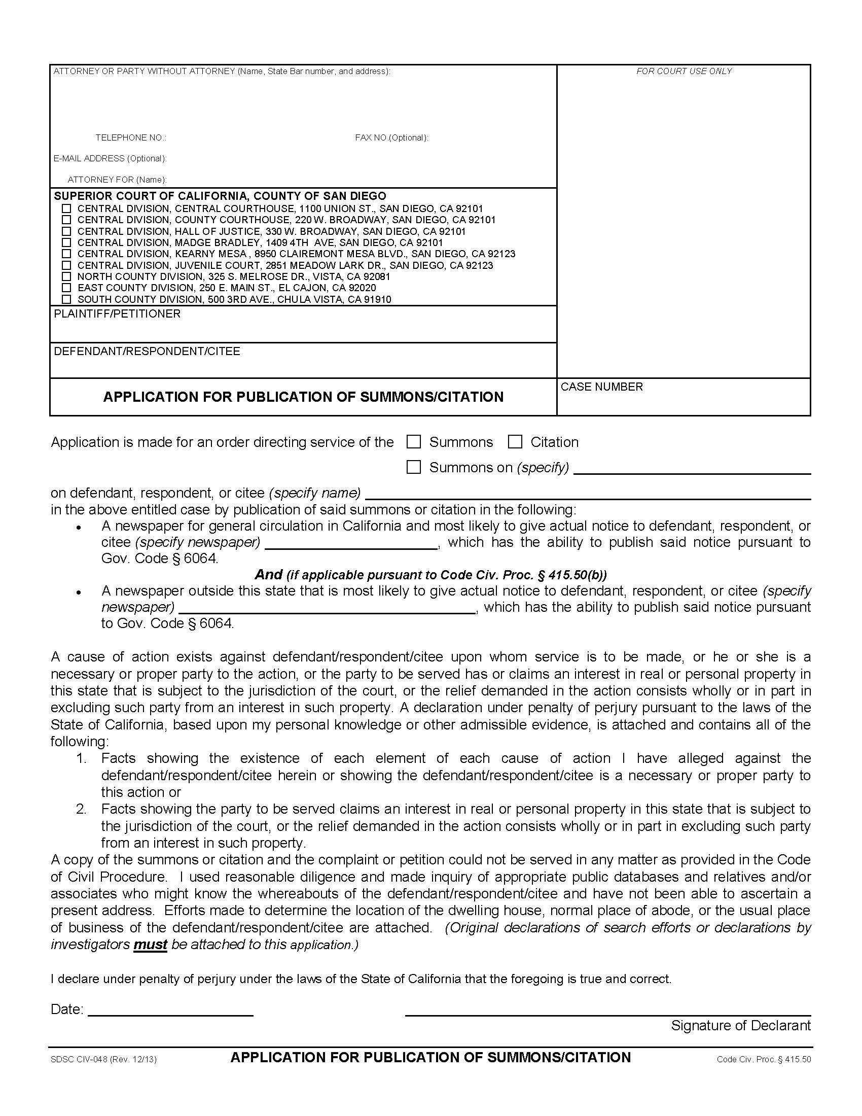Application For Publication Of Summons-Citation {CIV-048} | Pdf Fpdf Doc Docx | California