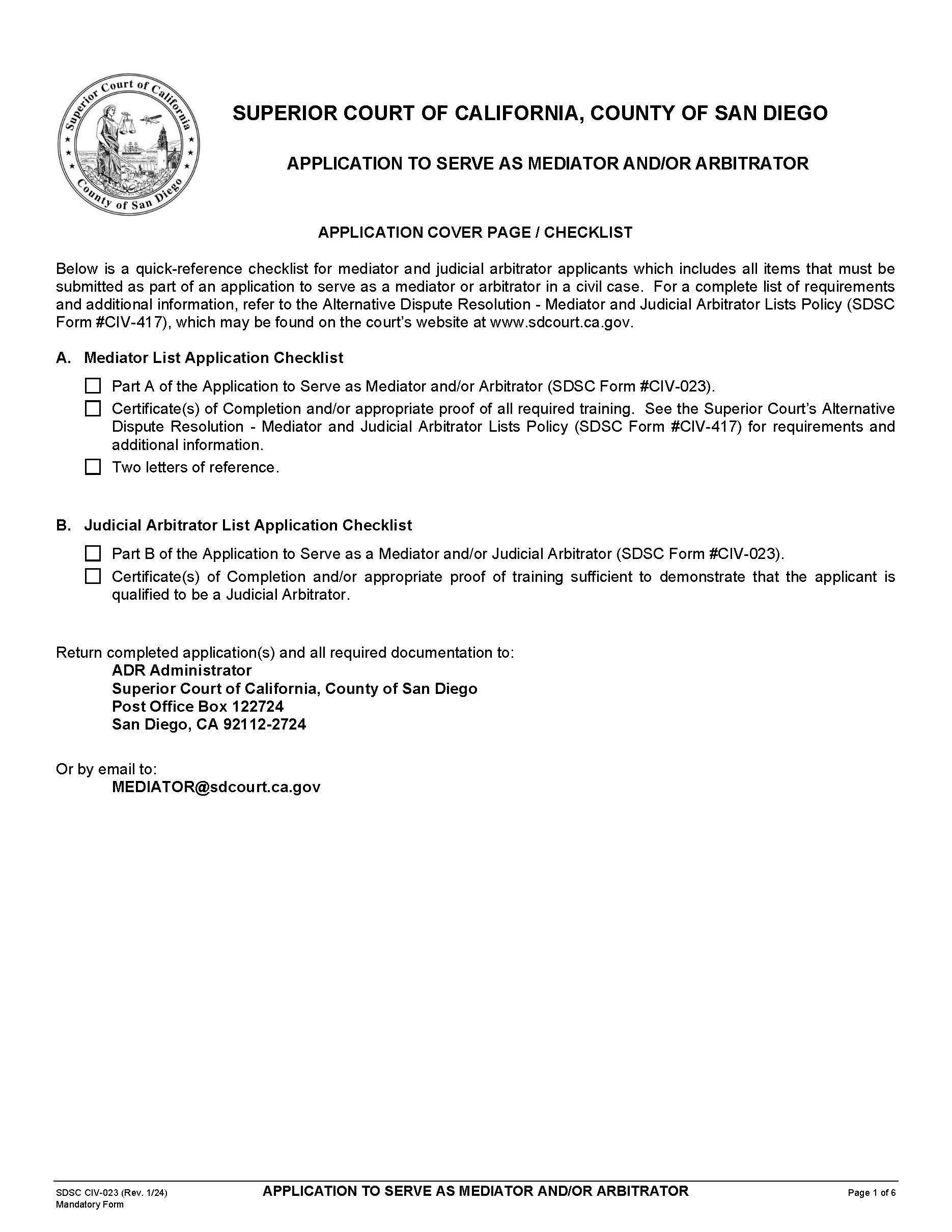 Application To Serve As Mediator And Or Arbitrator {CIV-023} | Pdf Fpdf Doc Docx | California