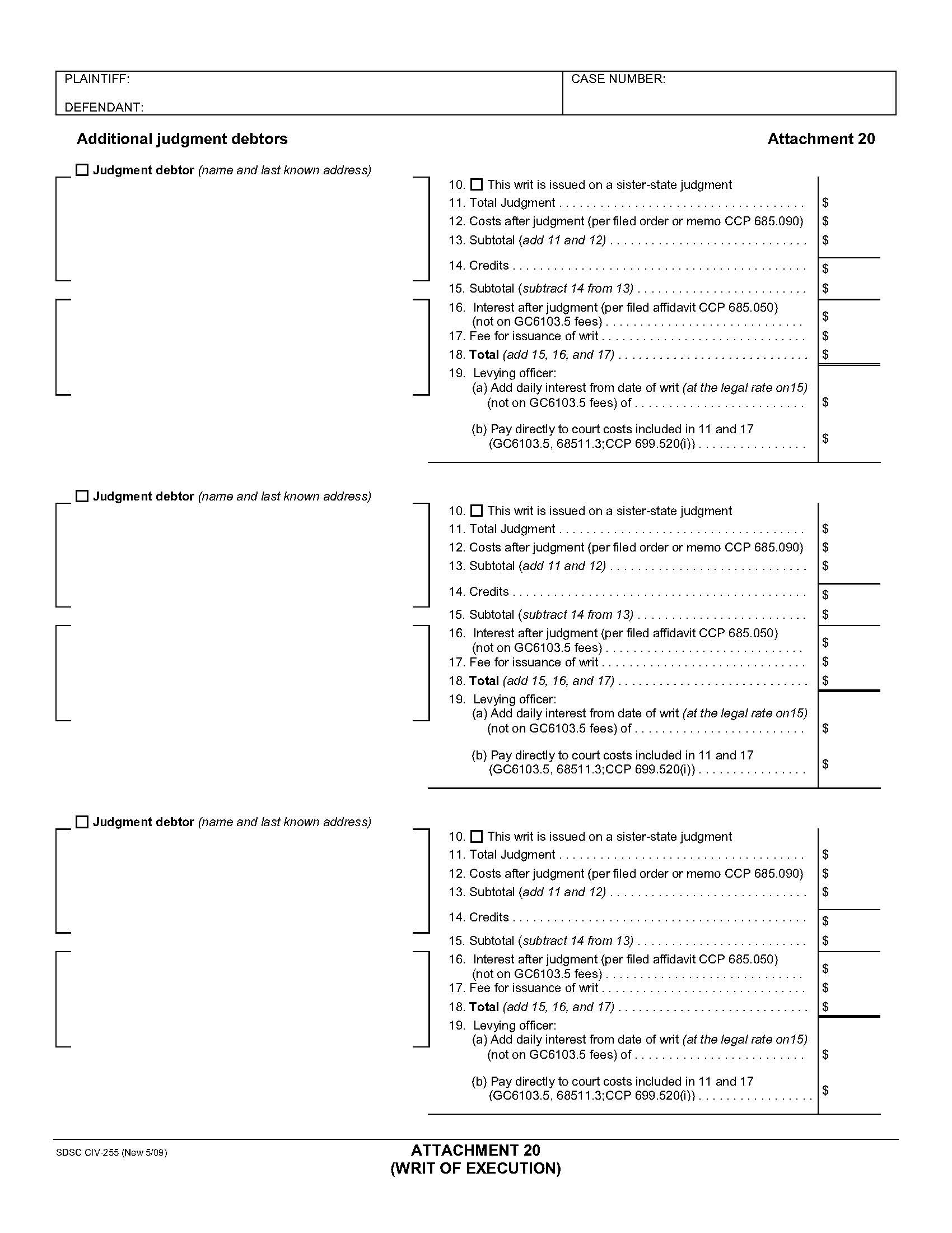 Attachment 20 (Writ Of Execution) {CIV-255} | Pdf Fpdf Doc Docx | California