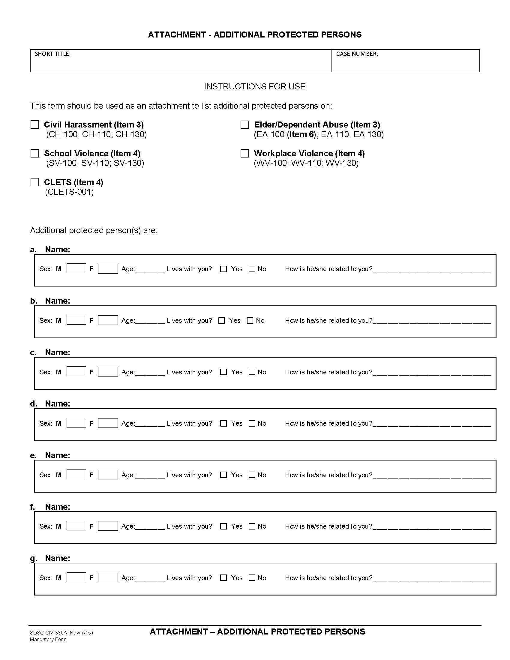 Attachment-Additional Protected Persons {CIV-330A} | Pdf Fpdf Doc Docx | California