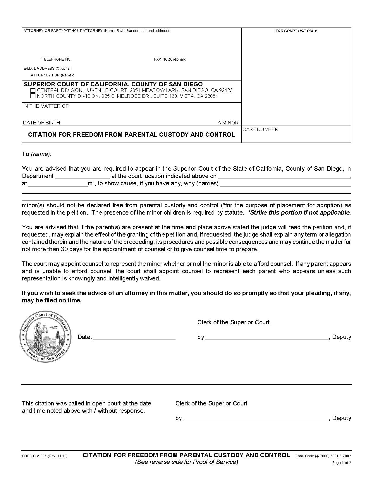 Citation For Freedom From Parental Custody And Control {CIV-036} | Pdf Fpdf Doc Docx | California