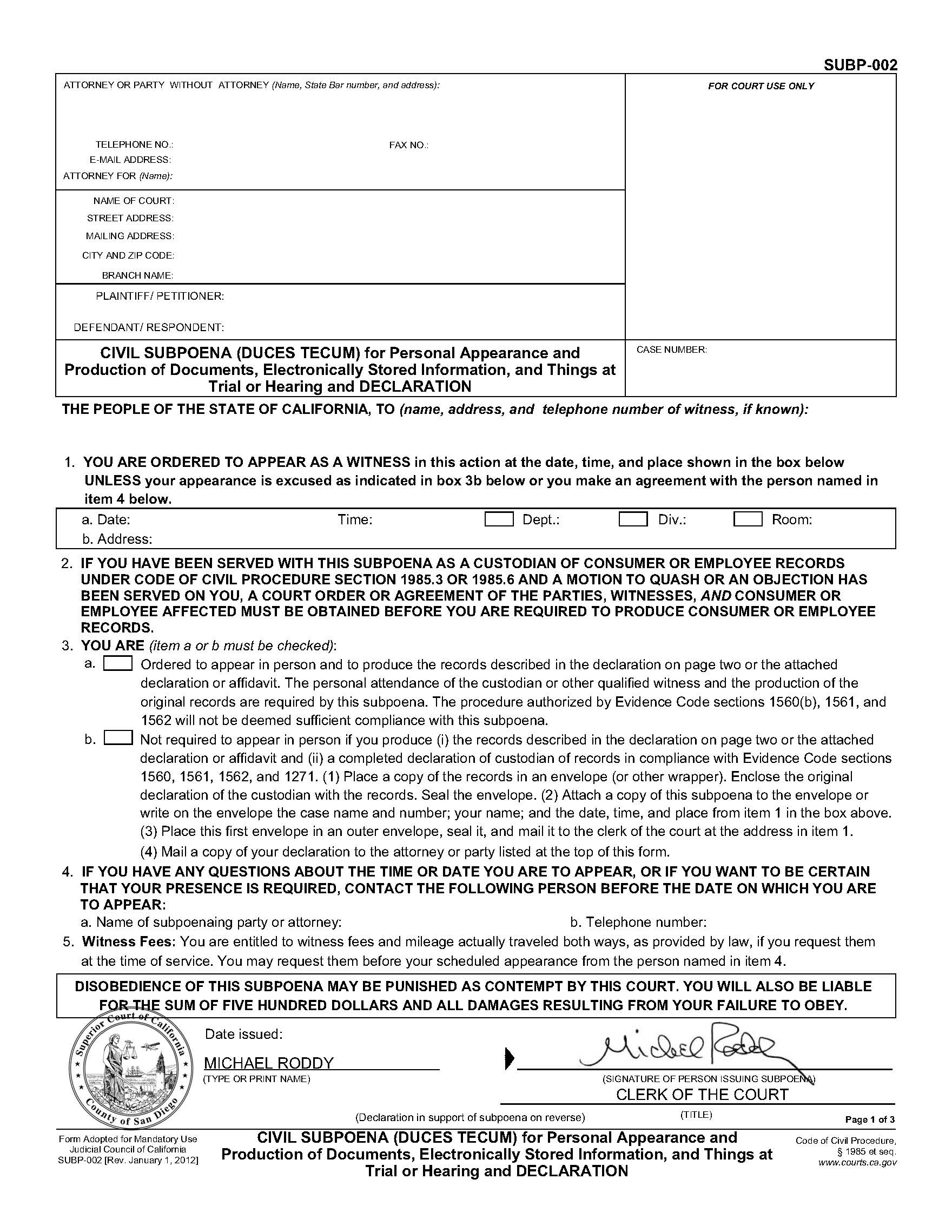 Civil Subpoena (Duces Tecum) For Personal Appearance (San Diego Pre-Issued) {SUBP-002} | Pdf Fpdf Doc Docx | California