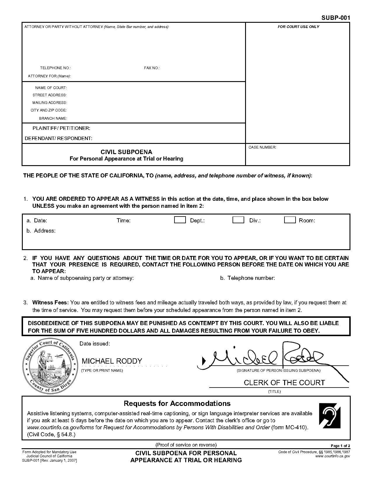 Civil Subpoena For Personal Appearance (San Diego Pre-Issued) {SUBP-001} | Pdf Fpdf Doc Docx | California