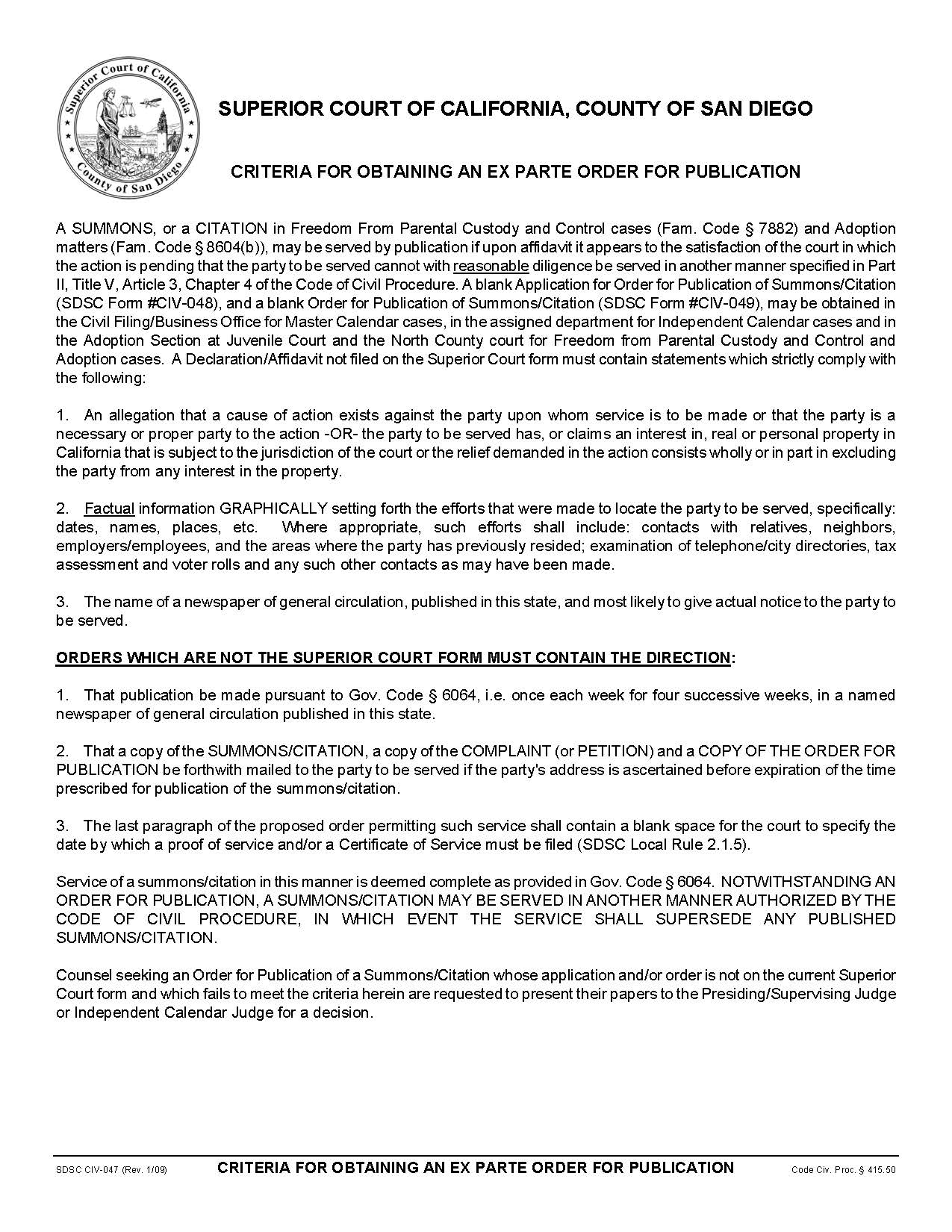 Criteria For Obtaining An Ex Parte Order For Publication  {CIV-047} | Pdf Fpdf Doc Docx | California