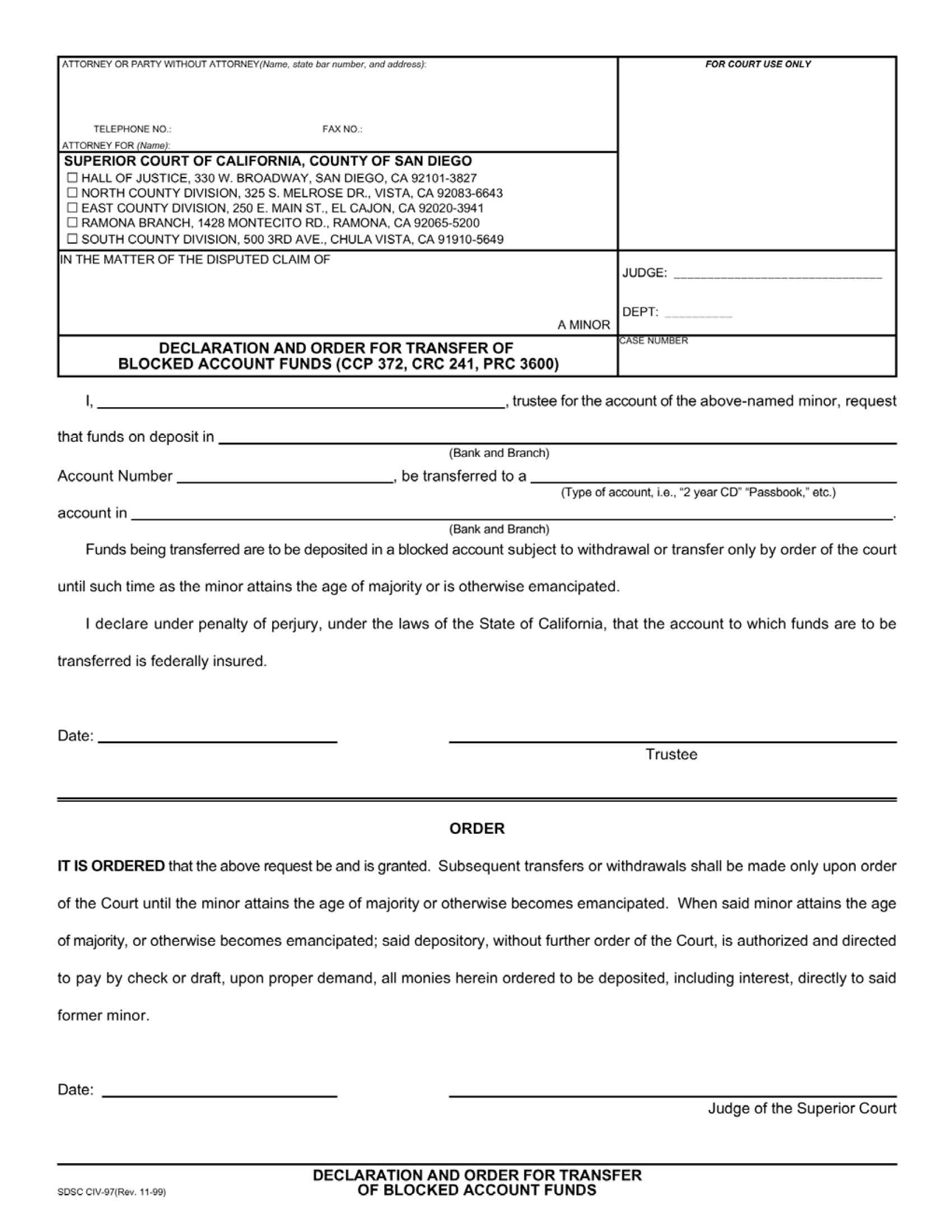 Declaration And Order For Transfer Of Blocked Account Funds {CIV-097} | Pdf Fpdf Doc Docx | California