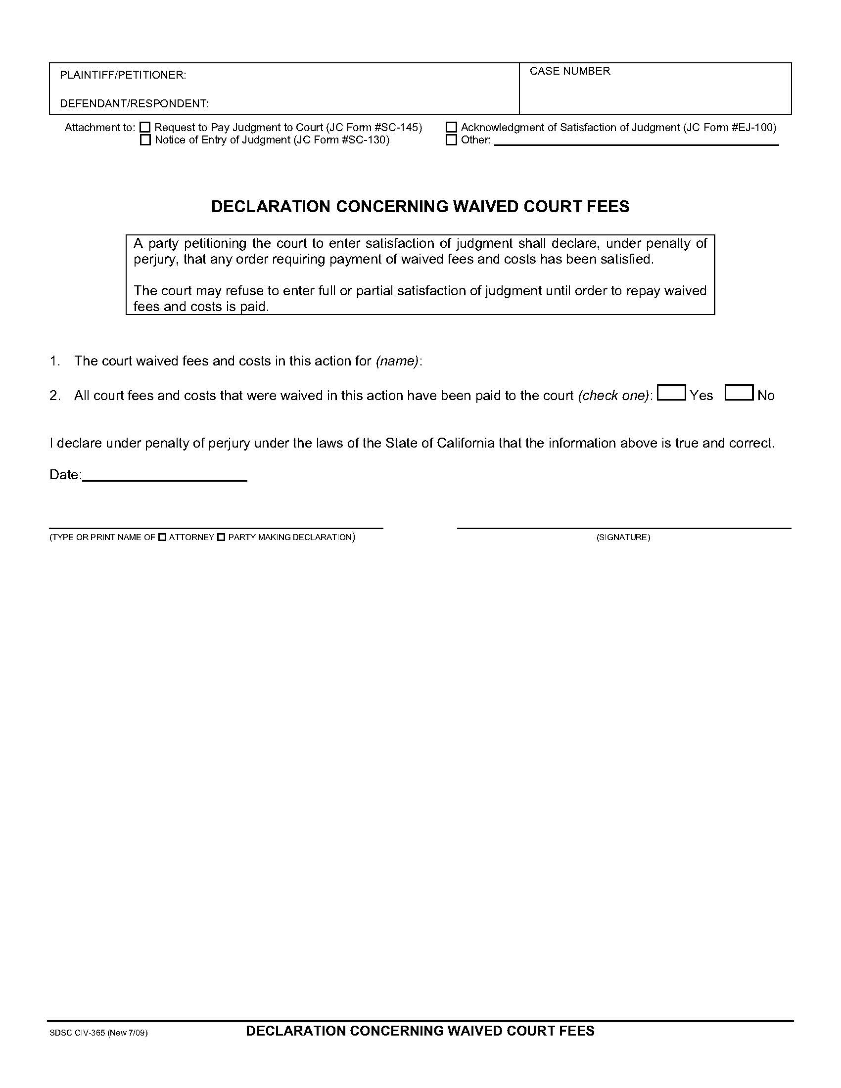 Declaration Concerning Waived Court Fees {CIV-365} | Pdf Fpdf Doc Docx | California