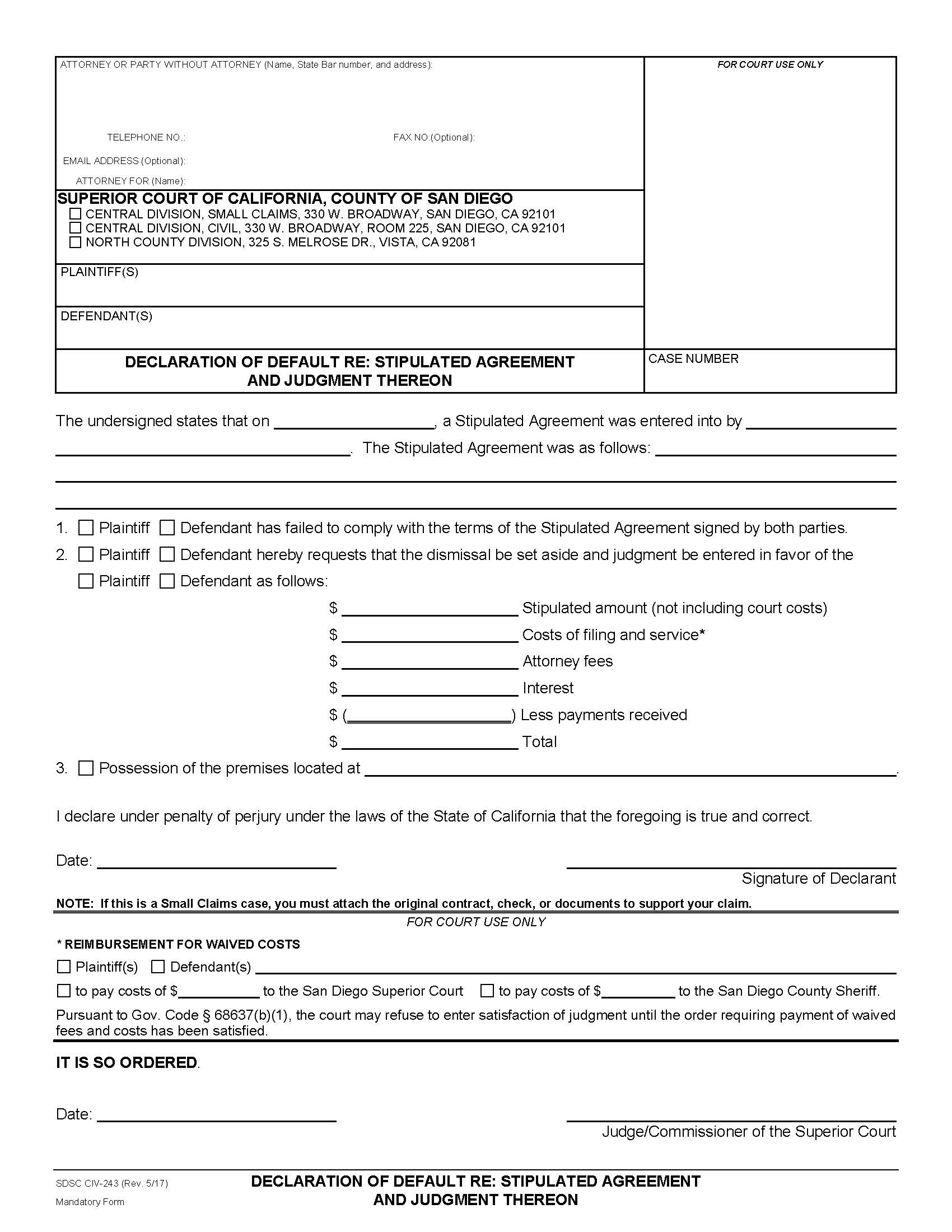 Declaration Of Default Re Stipulated Agreement And Judgement Thereon {CIV-243} | Pdf Fpdf Docx | California