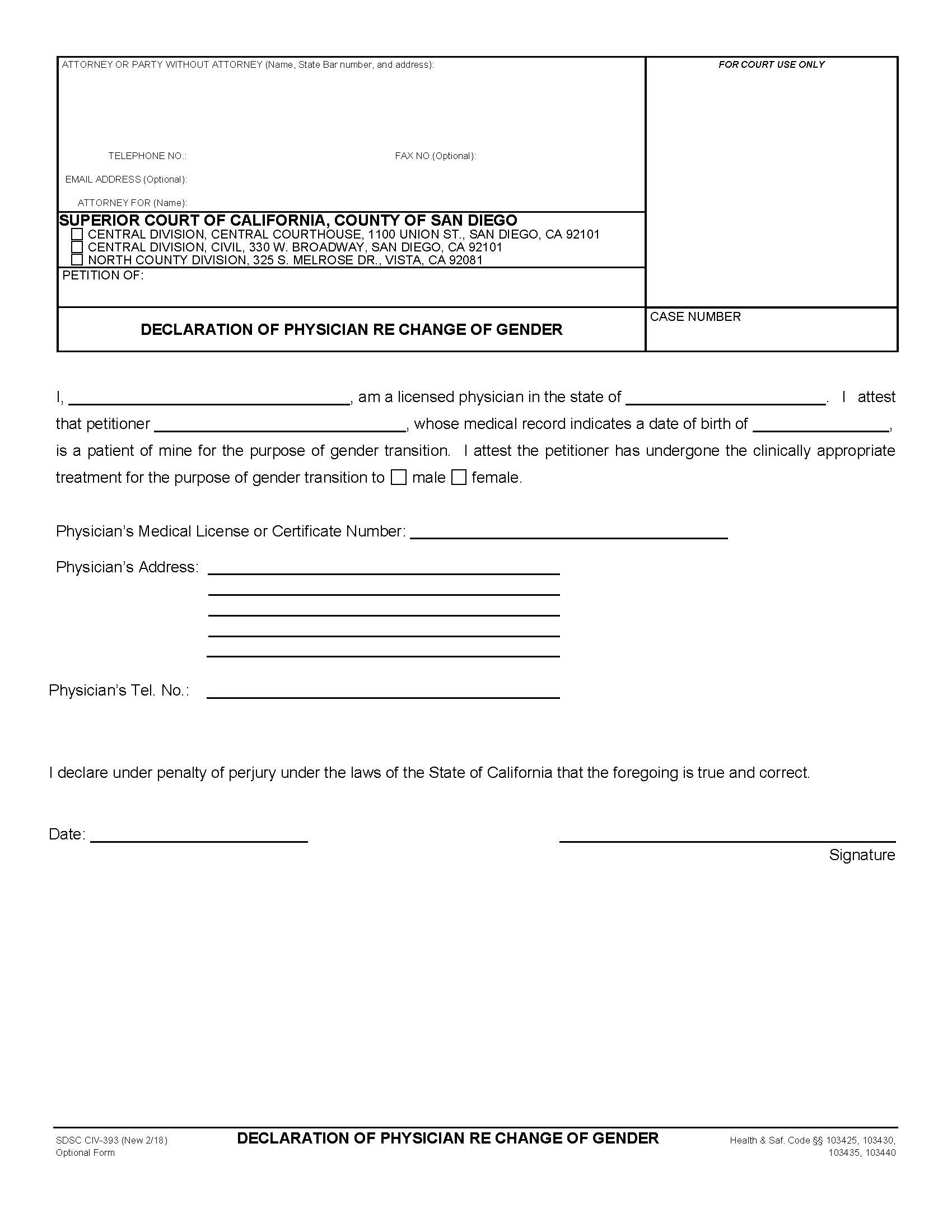 Declaration Of Physician Re Change Of Gender {CIV-393} | Pdf Fpdf Docx | California