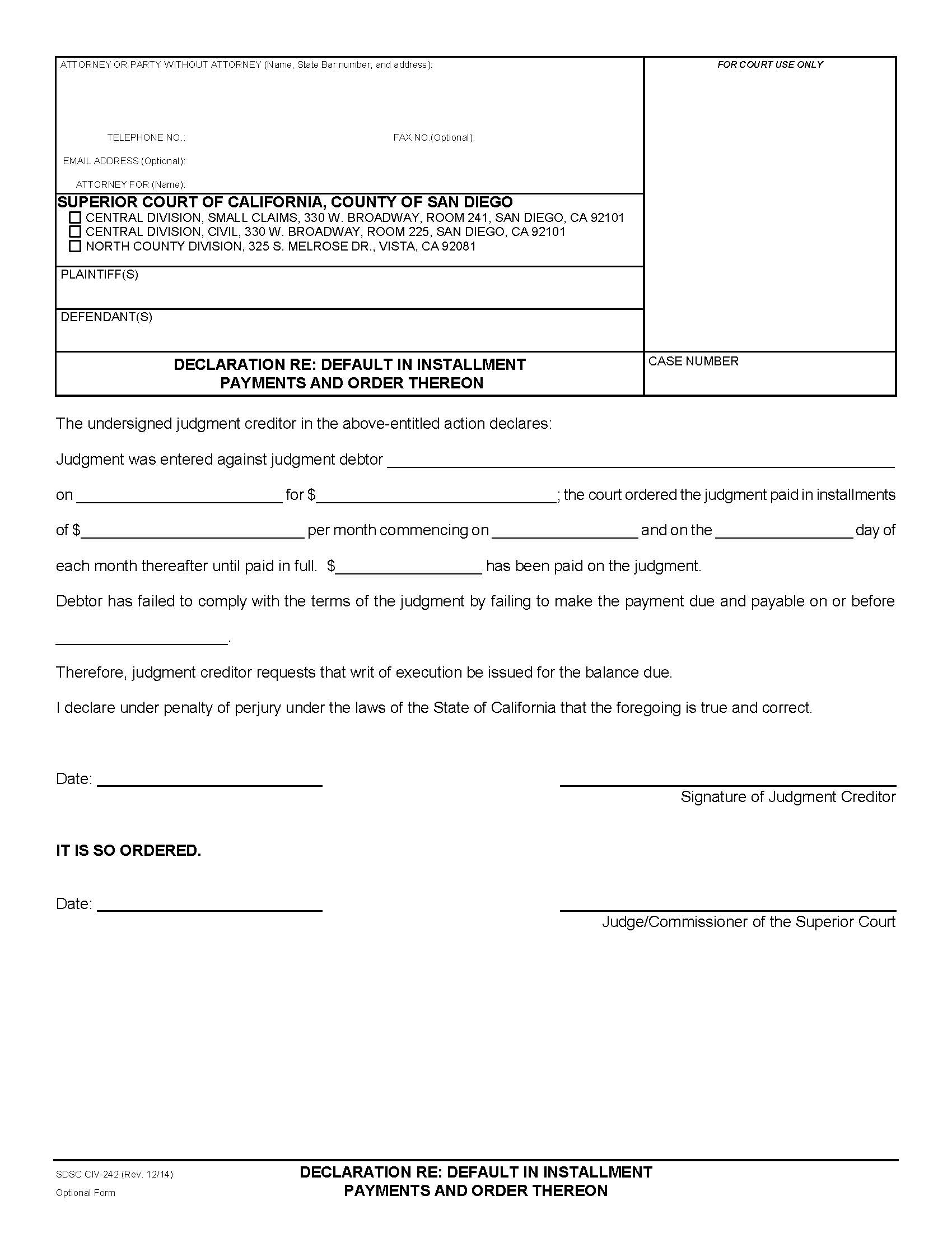 Declaration Re Default In Installment Payments And Order Thereon {CIV-242} | Pdf Fpdf Doc Docx | California