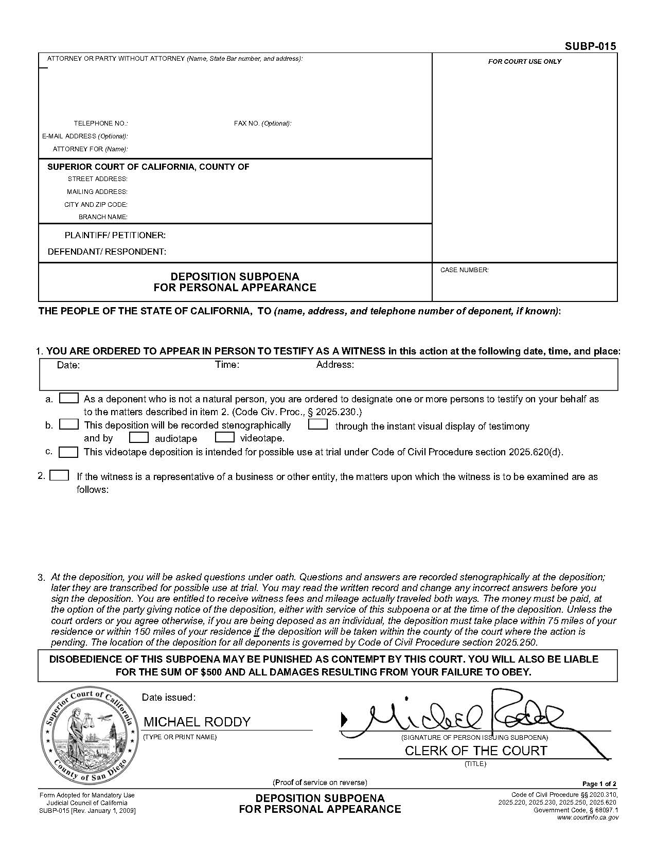 Deposition Subpoena For Personal Appearance (San Diego Pre-Issued) {SUBP-015} | Pdf Fpdf Doc Docx | California
