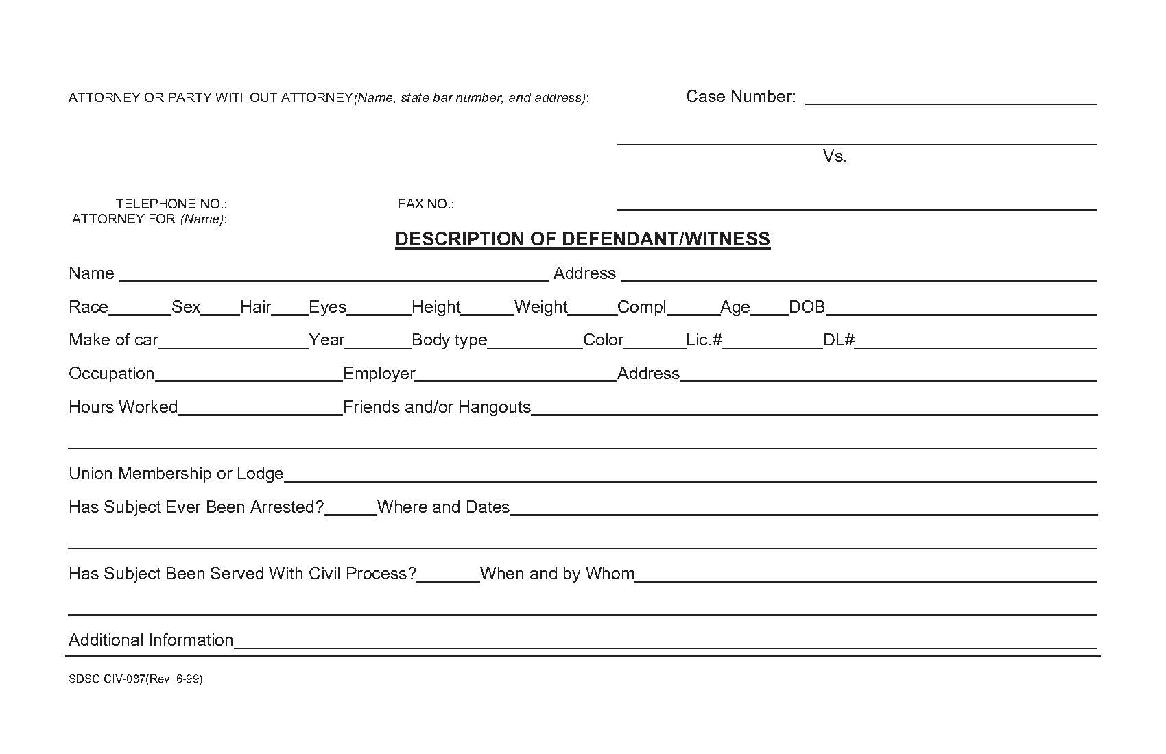 Description Of Defendant-Witness {CIV-087} | Pdf Fpdf Doc Docx | California