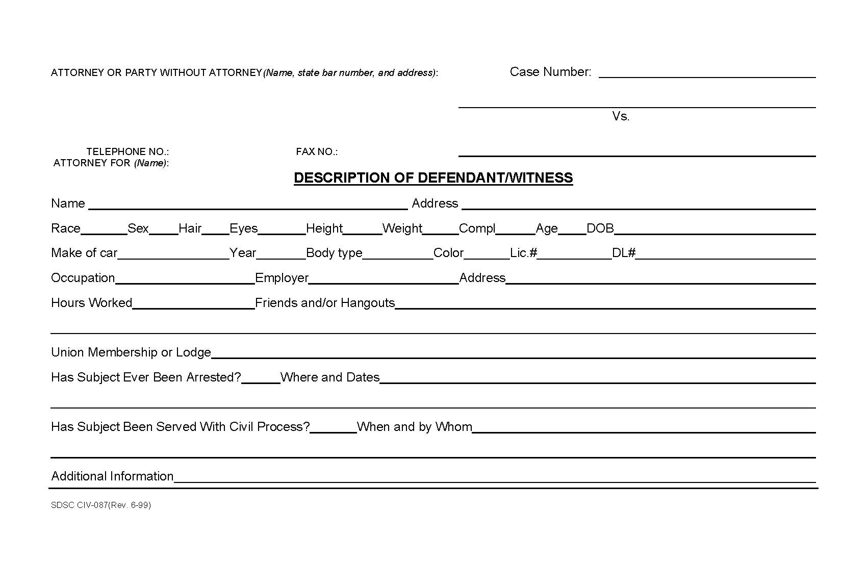 Description Of Defendant-Witness {CIV-087} | Pdf Fpdf Doc Docx | California