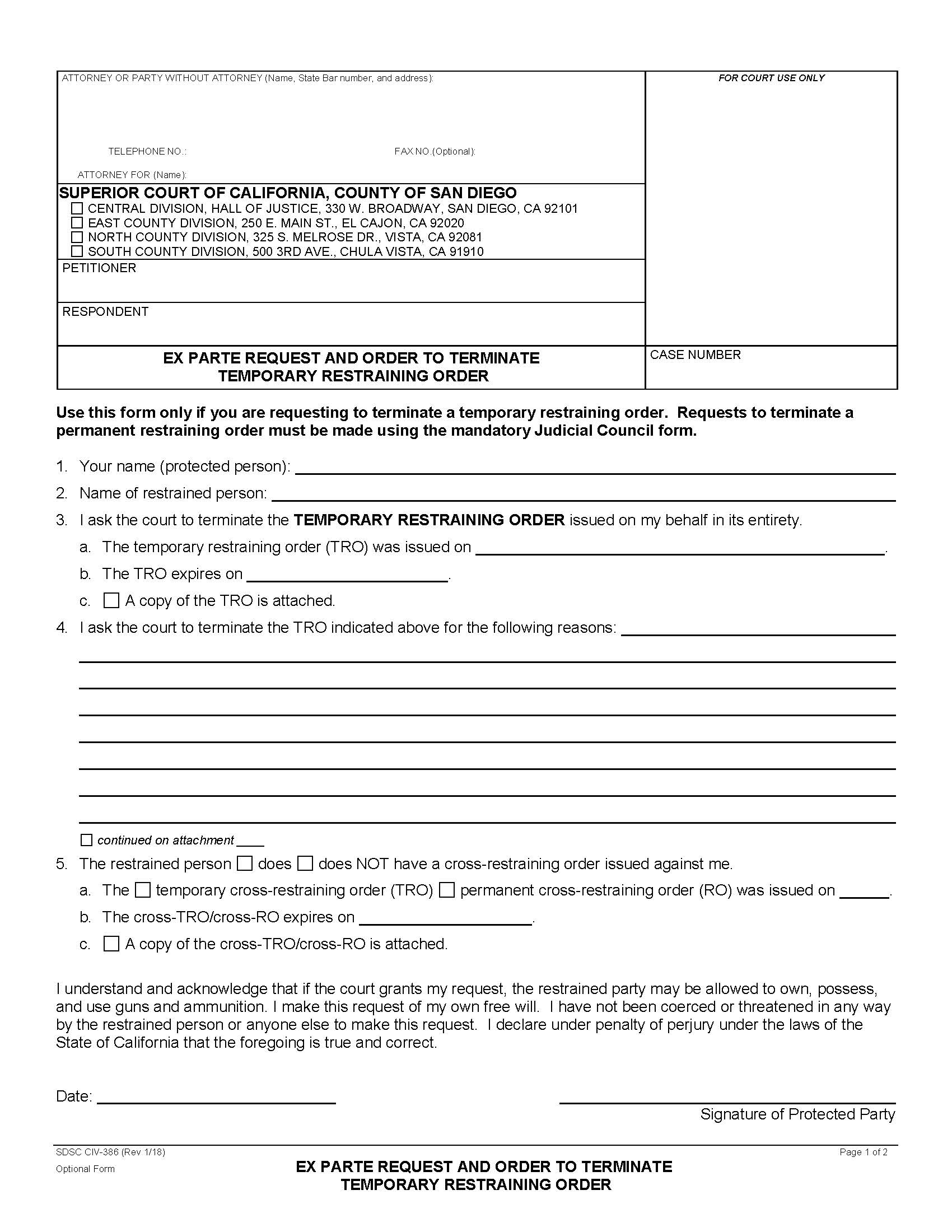 Ex Parte Request And Order To Terminate Restraining Order {CIV-386} | Pdf Fpdf Docx | California