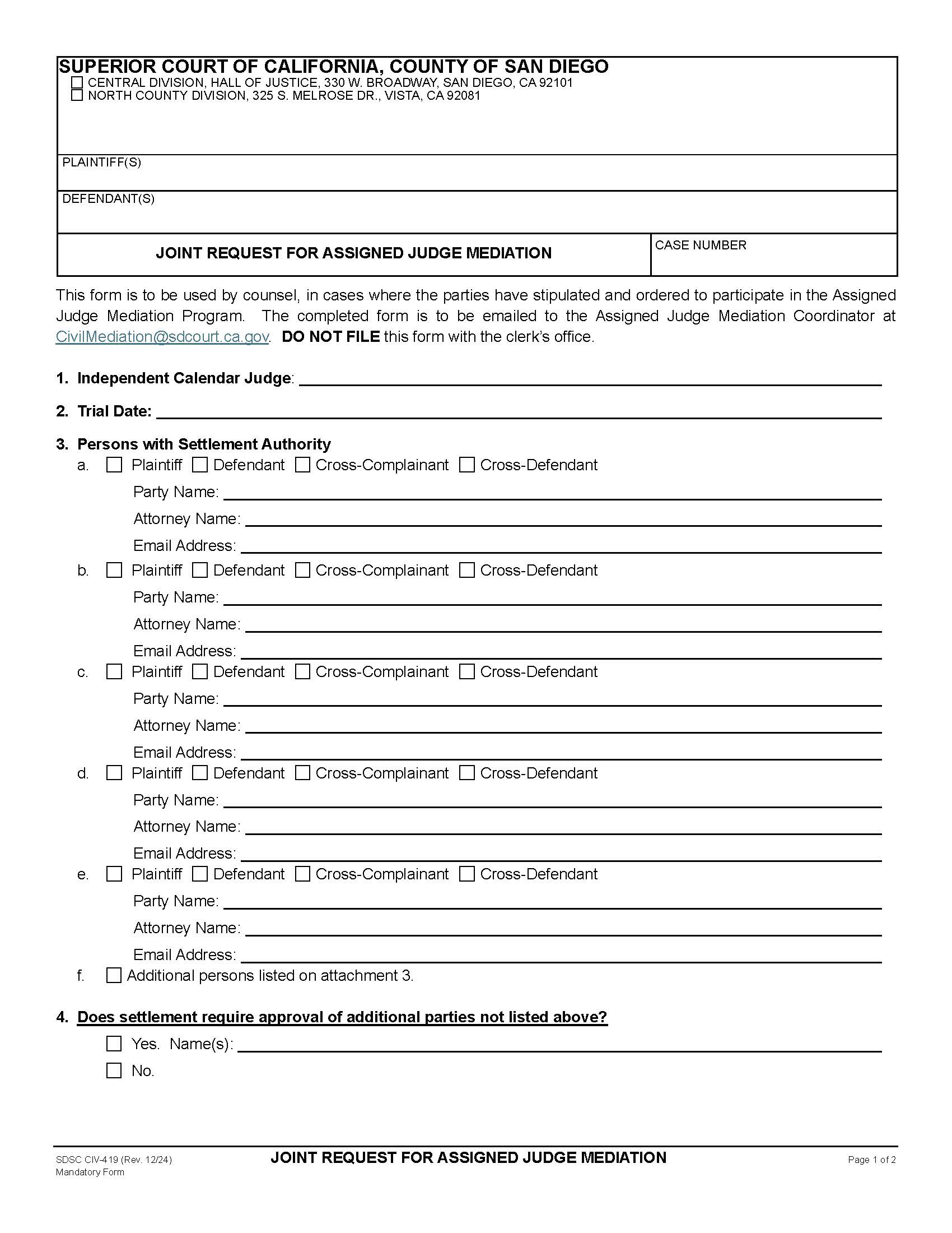 Joint Request For Assigned Judge Mediation {CIV-419} | Pdf Fpdf Docx | California