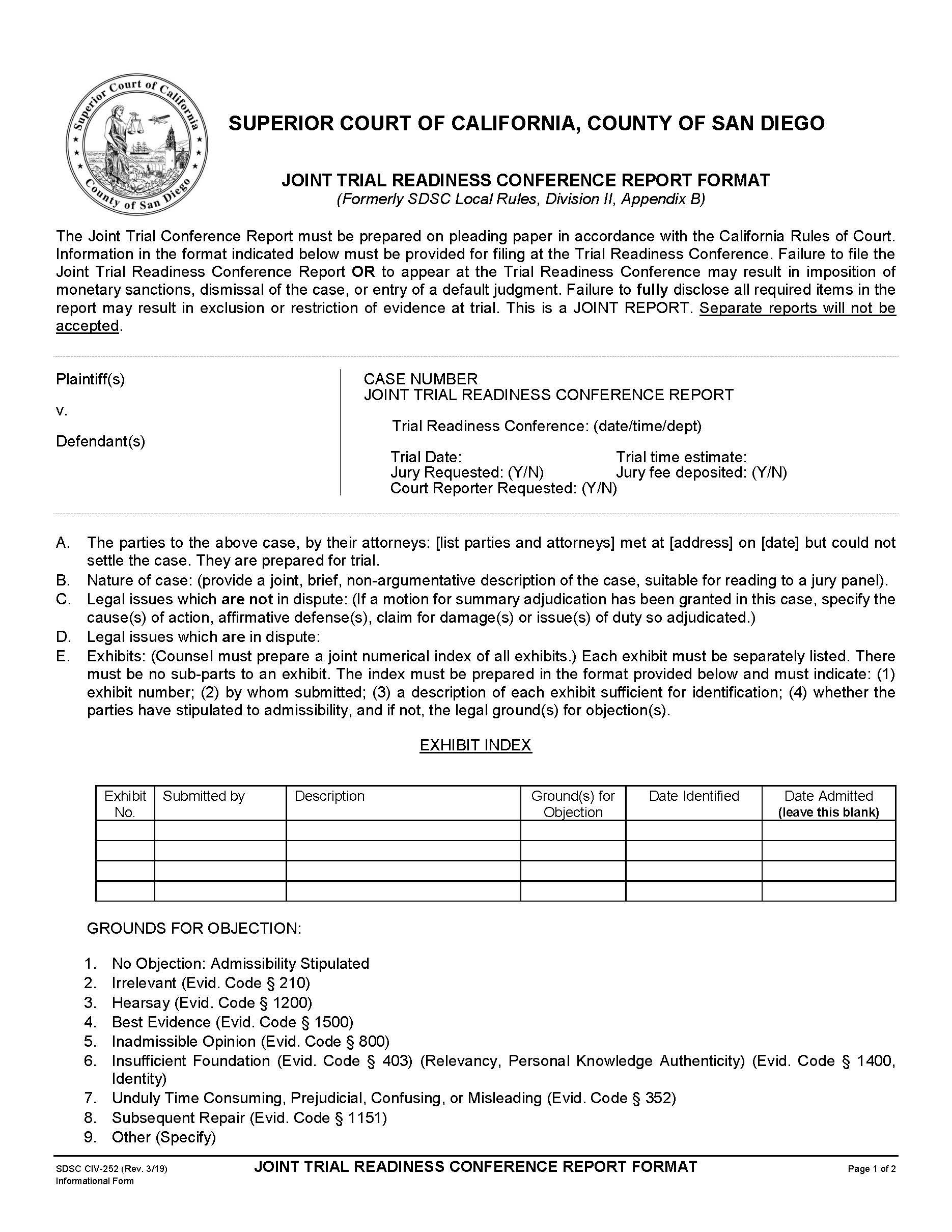 Joint Trial Readiness Conference Report Format {CIV-252} | Pdf Fpdf Docx | California