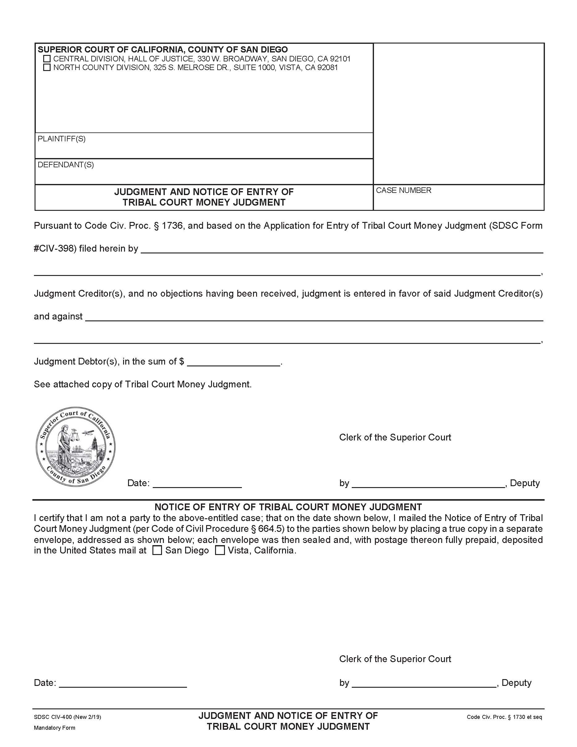 Judgment And Notice Of Entry Of Tribal Court Money Judgment {CIV-400} | Pdf Fpdf Docx | California