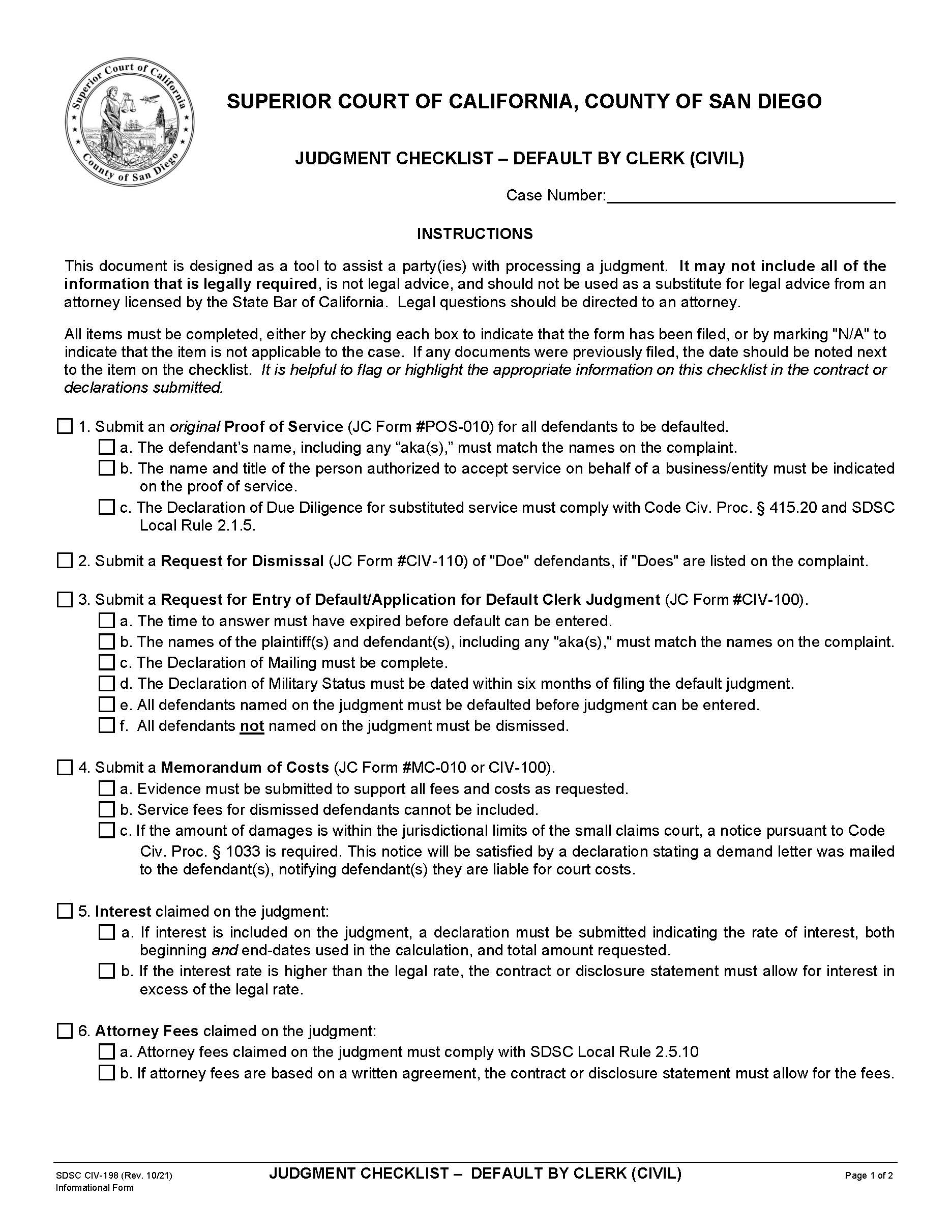 Judgment Checklist-Default By Clerk (Civil) {CIV-198} | Pdf Fpdf Docx | California