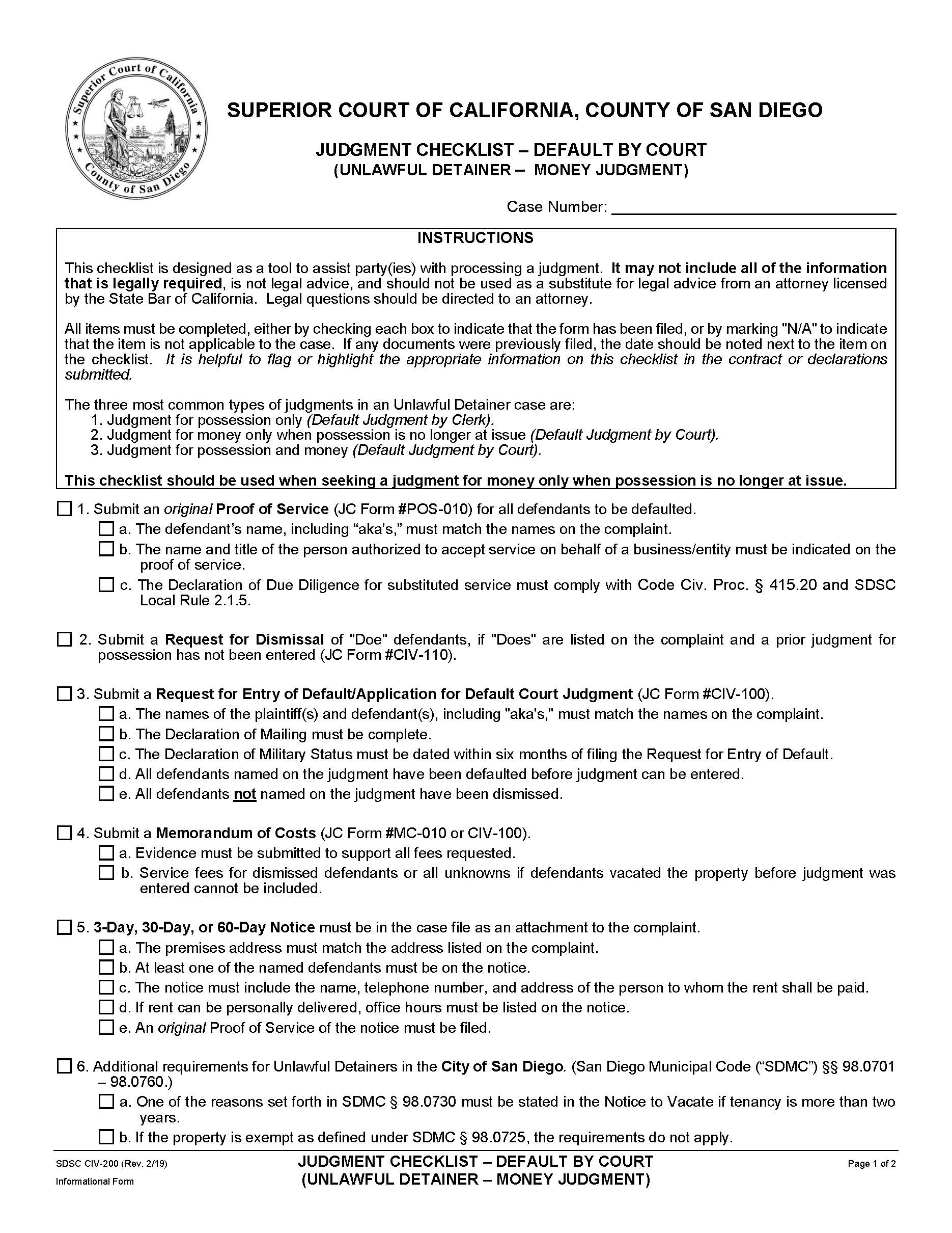 Judgment Checklist-Default By Court (Unlawful Detainer-Money Judgment) {CIV-200} | Pdf Fpdf Docx | California