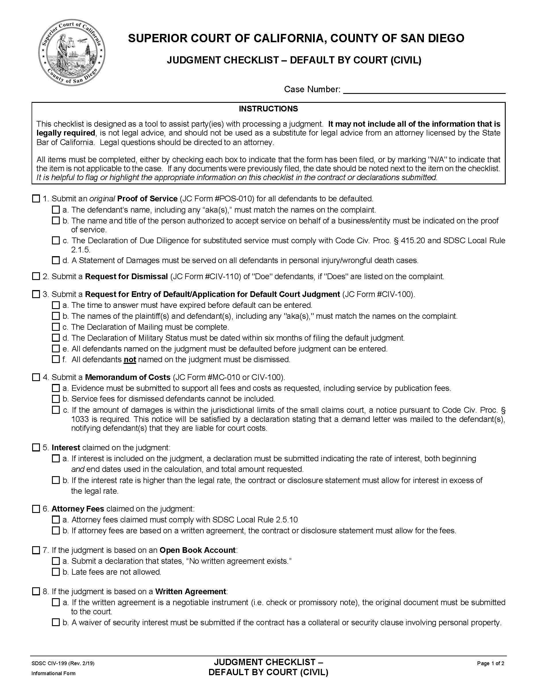 Judgment Checklist-Defautl By Court (Civil) {CIV-199} | Pdf Fpdf Docx | California