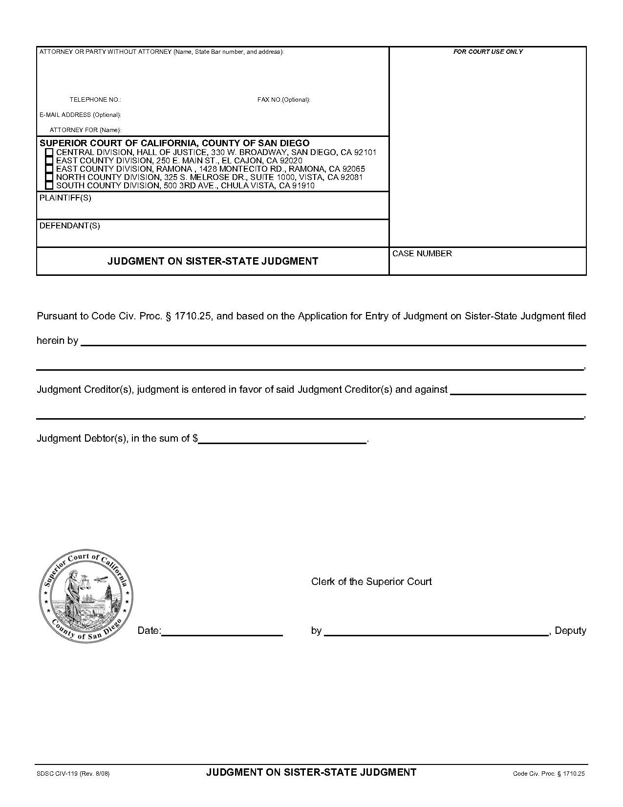 Judgment On Sister-State Judgment {CIV-119} | Pdf Fpdf Doc Docx | California