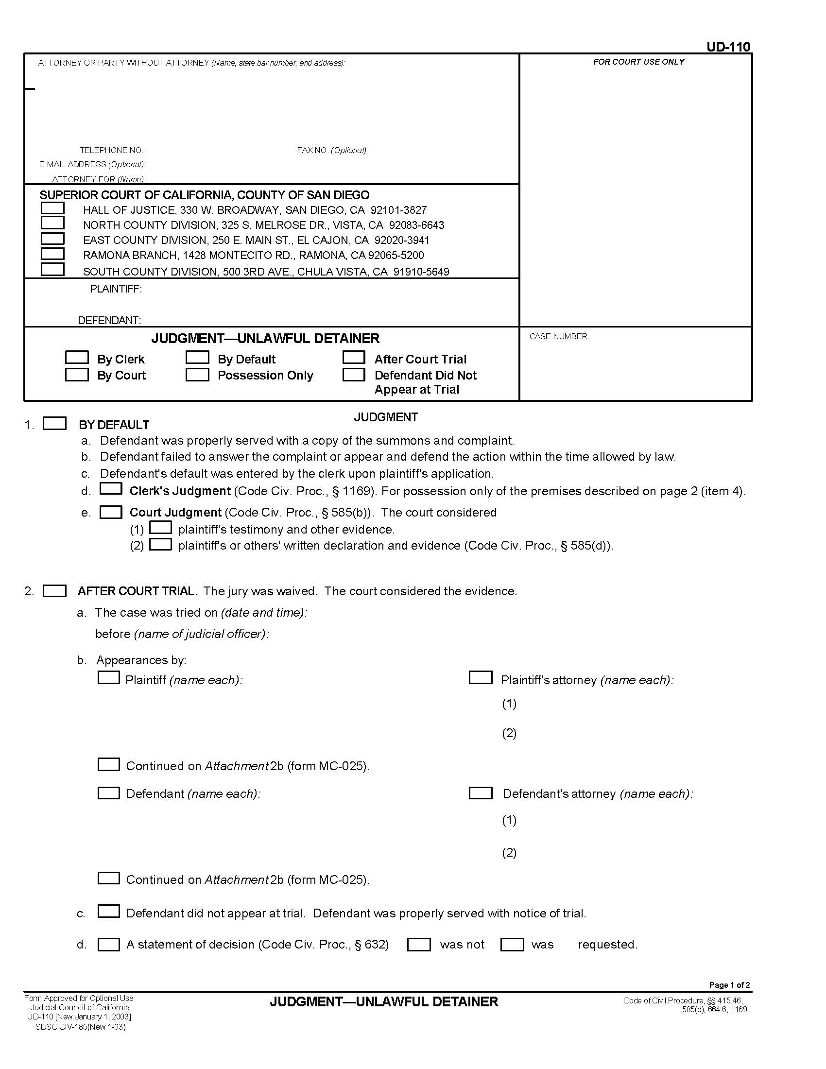 Judgment-Unlawful Detainer (San Diego) {CIV-185} | Pdf Fpdf Doc Docx | California