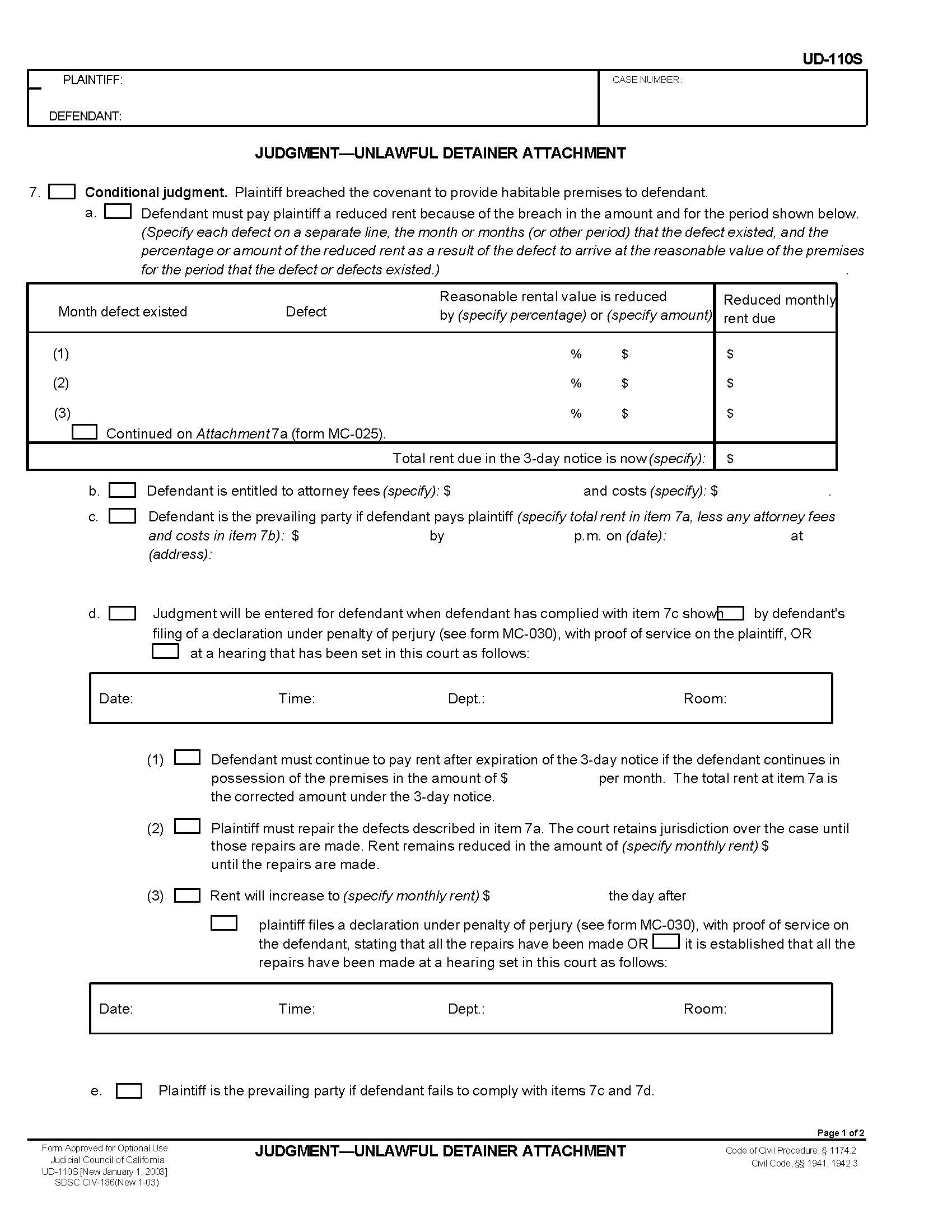 Judgment-Unlawful Detainer Attachment (San Diego) {CIV-186} | Pdf Fpdf Doc Docx | California