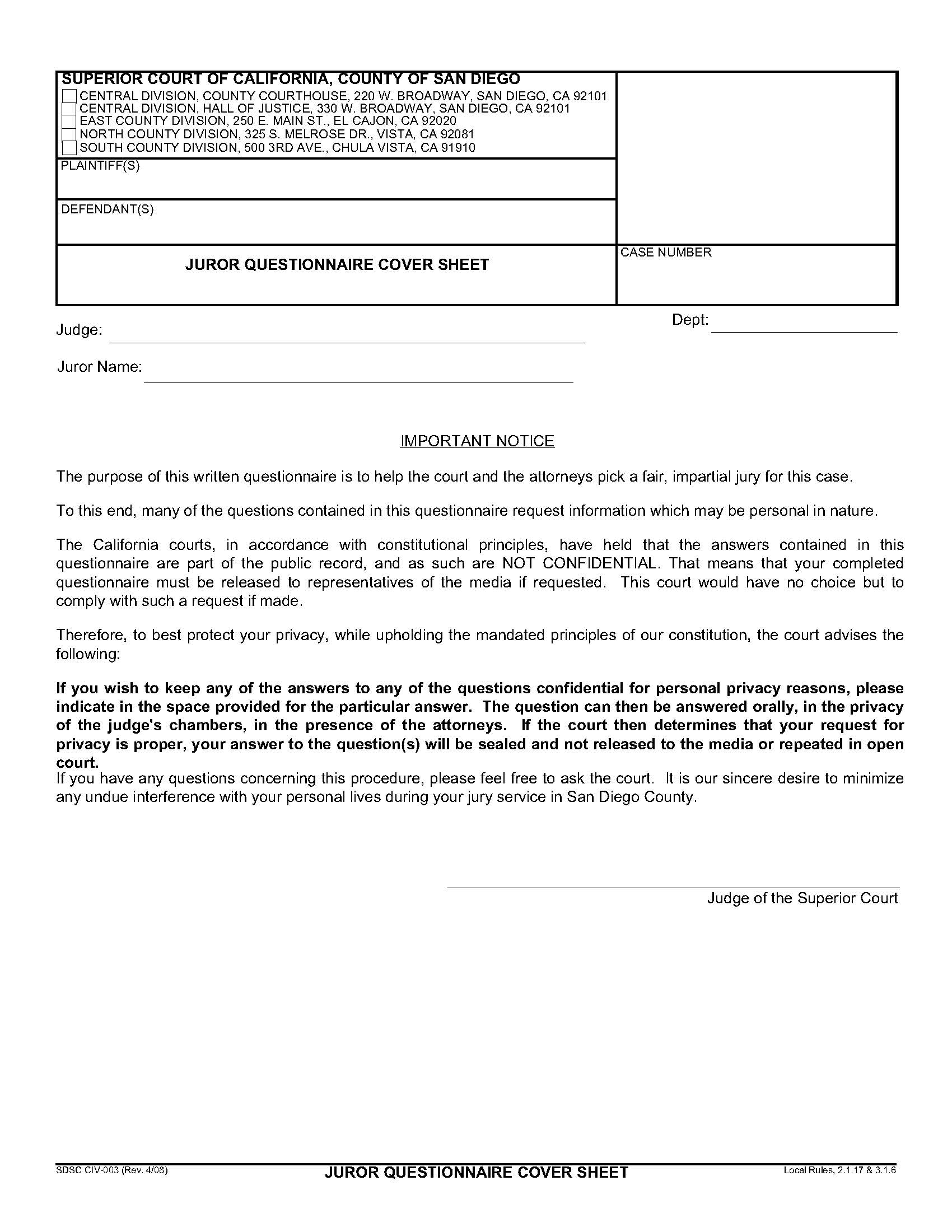 Juror Questionnaire Cover Sheet {CIV-003} | Pdf Fpdf Doc Docx | California