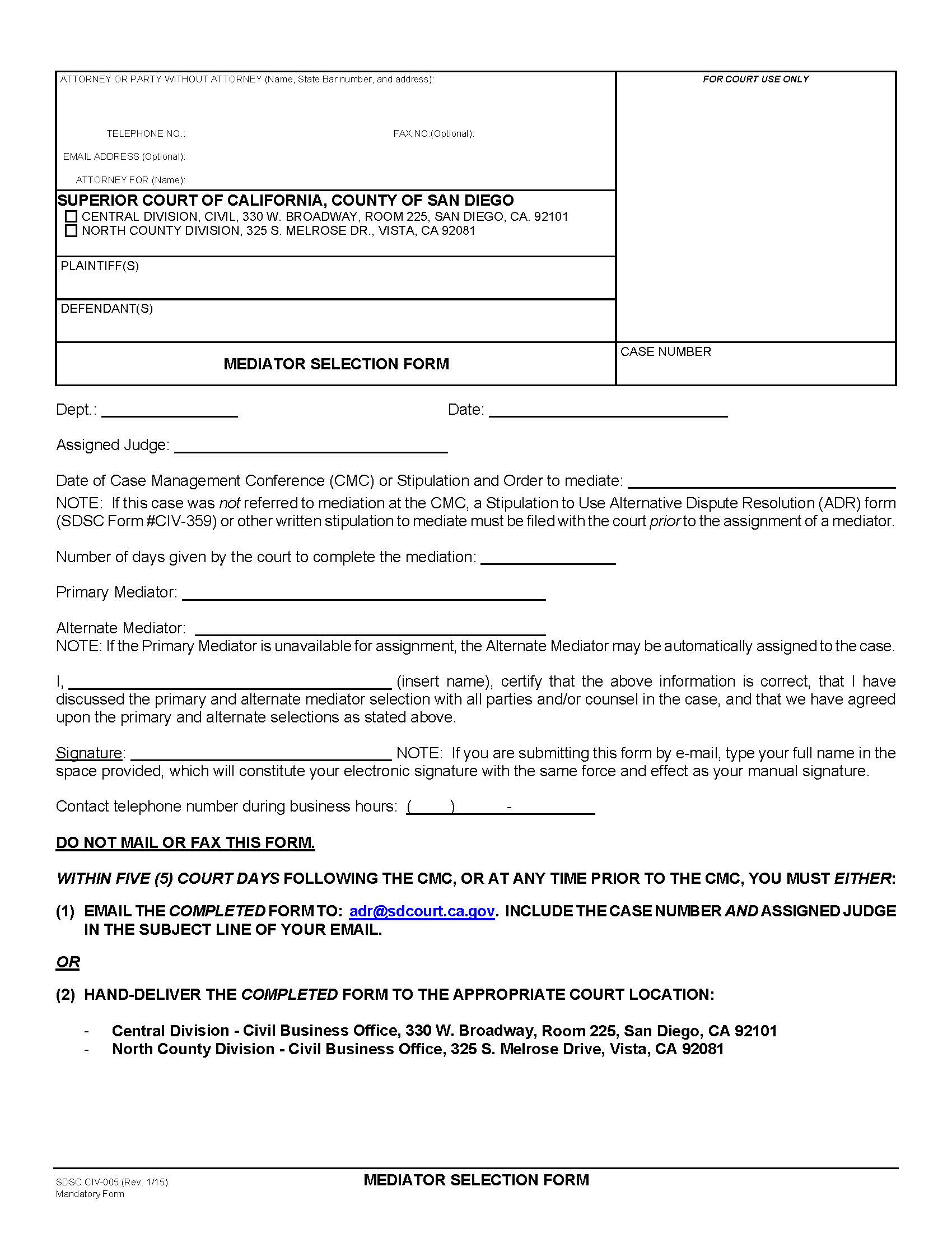 Mediators Selection Form {CIV-005} | Pdf Fpdf Doc Docx | California