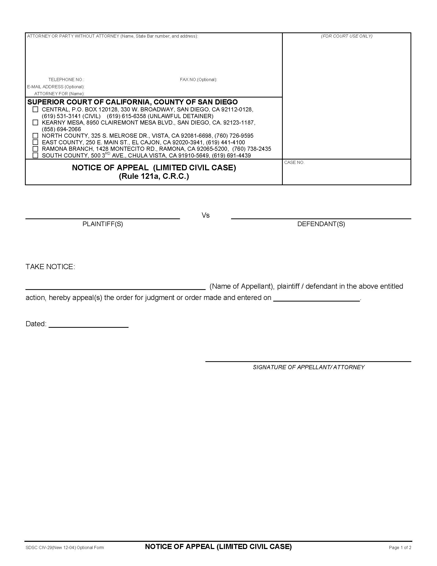 Notice Of Appeal (Limited Civil Case) {CIV-029} | Pdf Fpdf Doc Docx | California
