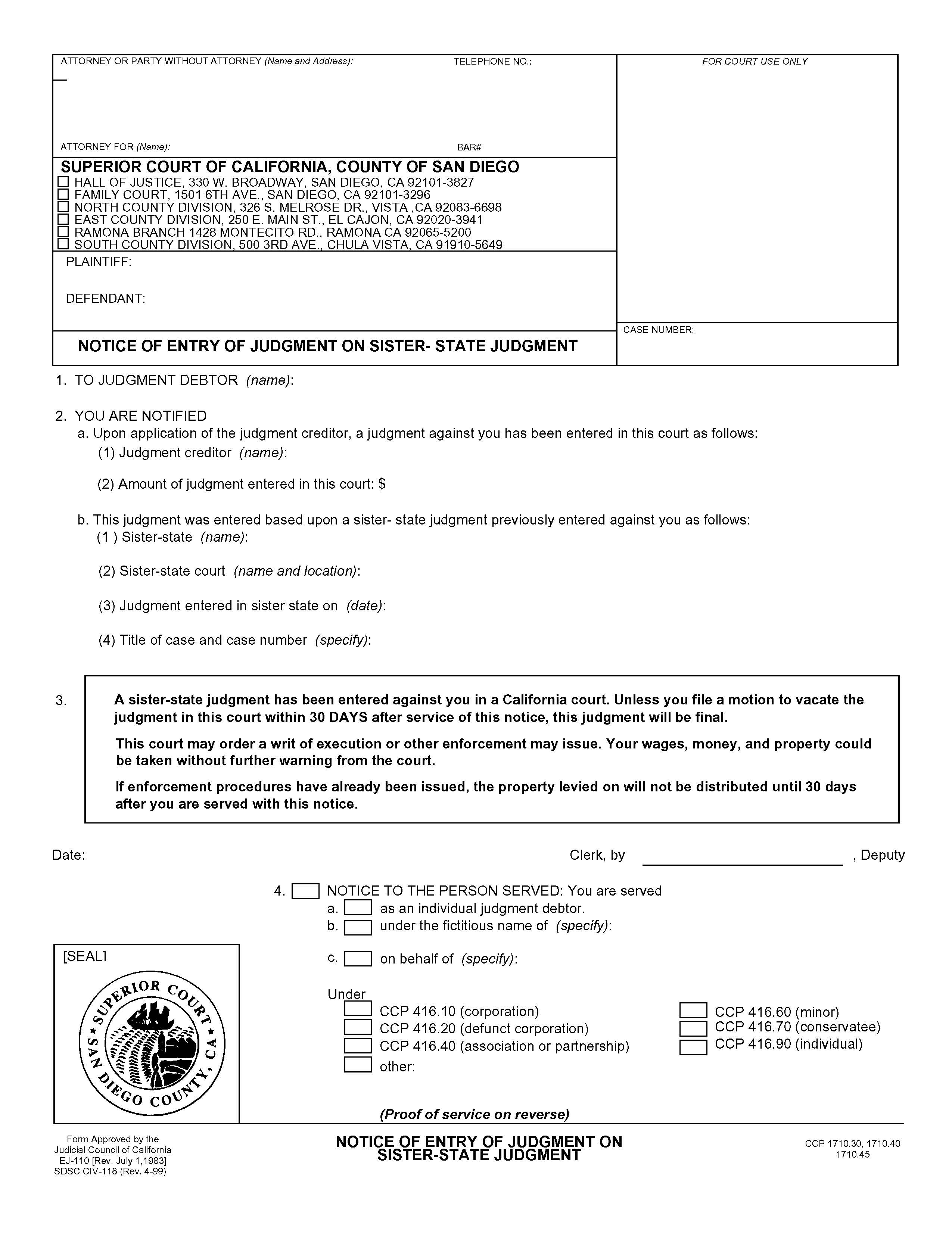 Notice Of Entry Of Judgment On Sister State Judgment (San Diego) {CIV-118} | Pdf Fpdf Doc Docx | California