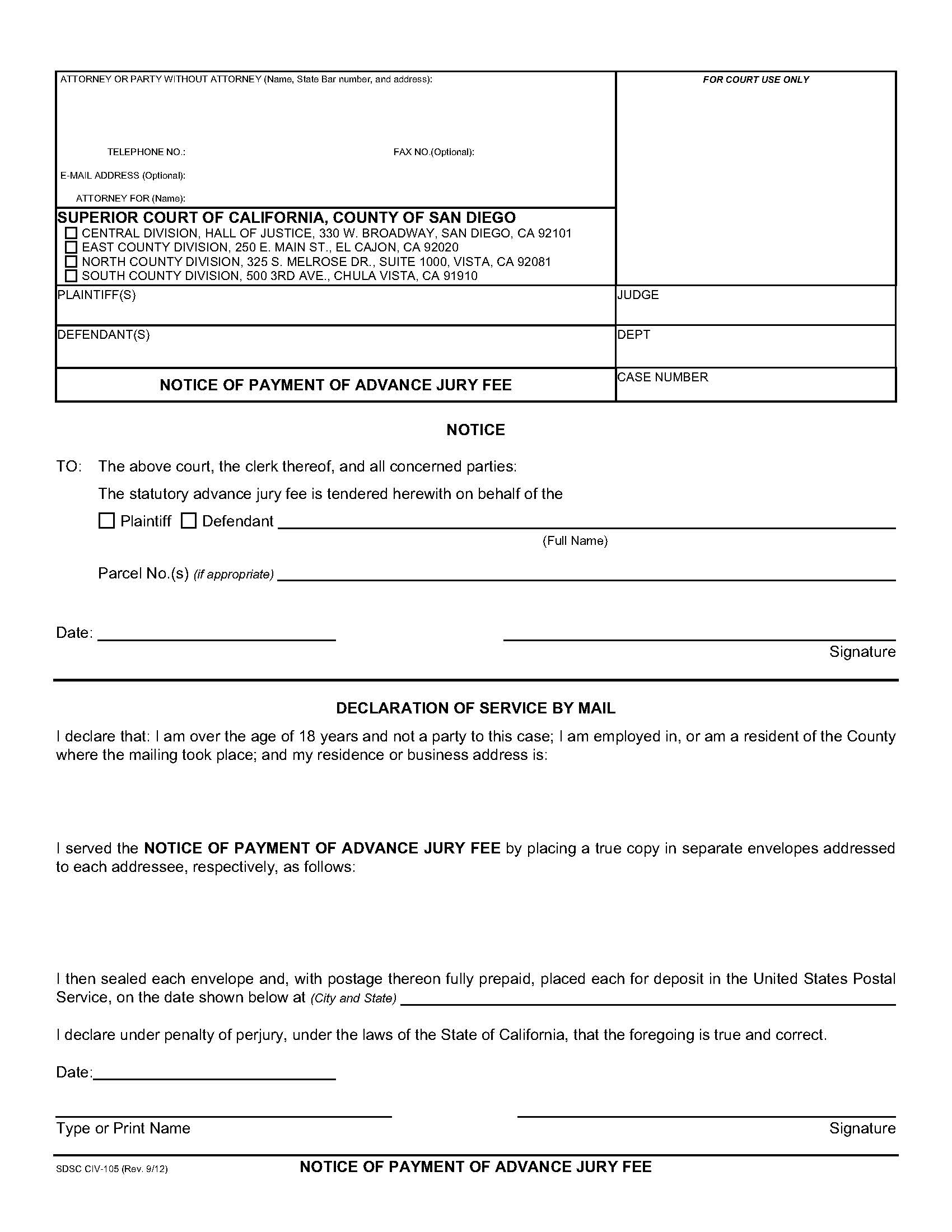 Notice Of Payment Of Advance Jury Fee {CIV-105} | Pdf Fpdf Doc Docx | California
