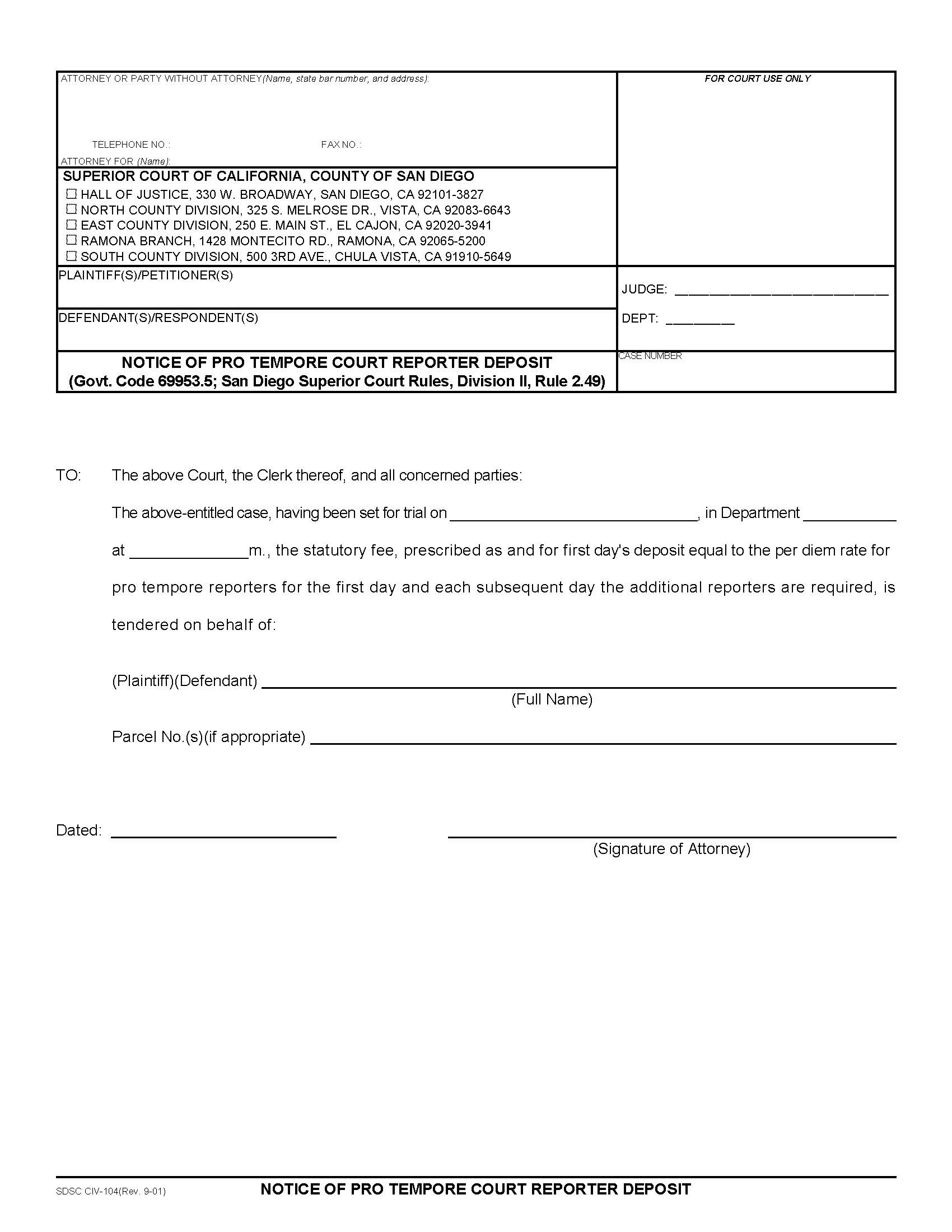 Notice Of Pro Tempore Court Reporter Deposit {CIV-104} | Pdf Fpdf Doc Docx | California
