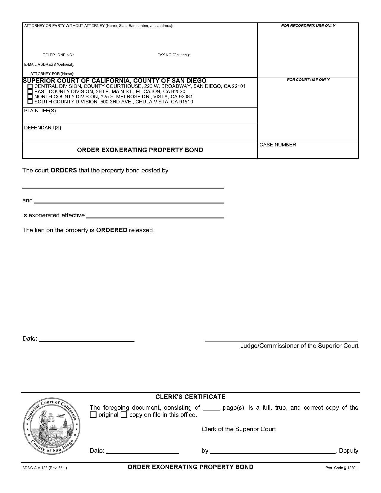 Order Exonerating Property Bond {CIV-123} | Pdf Fpdf Doc Docx | California