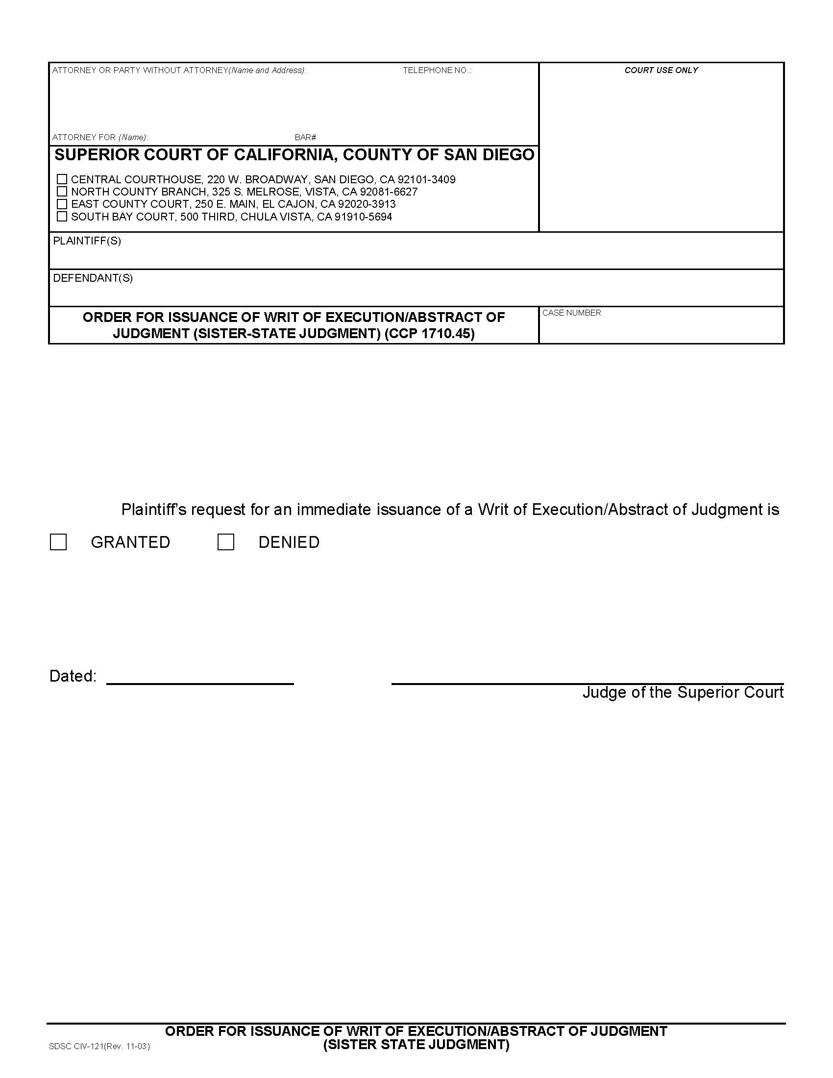 Order For Issuance Of Writ Of Execution Abstract Of Judgment Sister State Judgment {CIV-121} | Pdf Fpdf Doc Docx | California