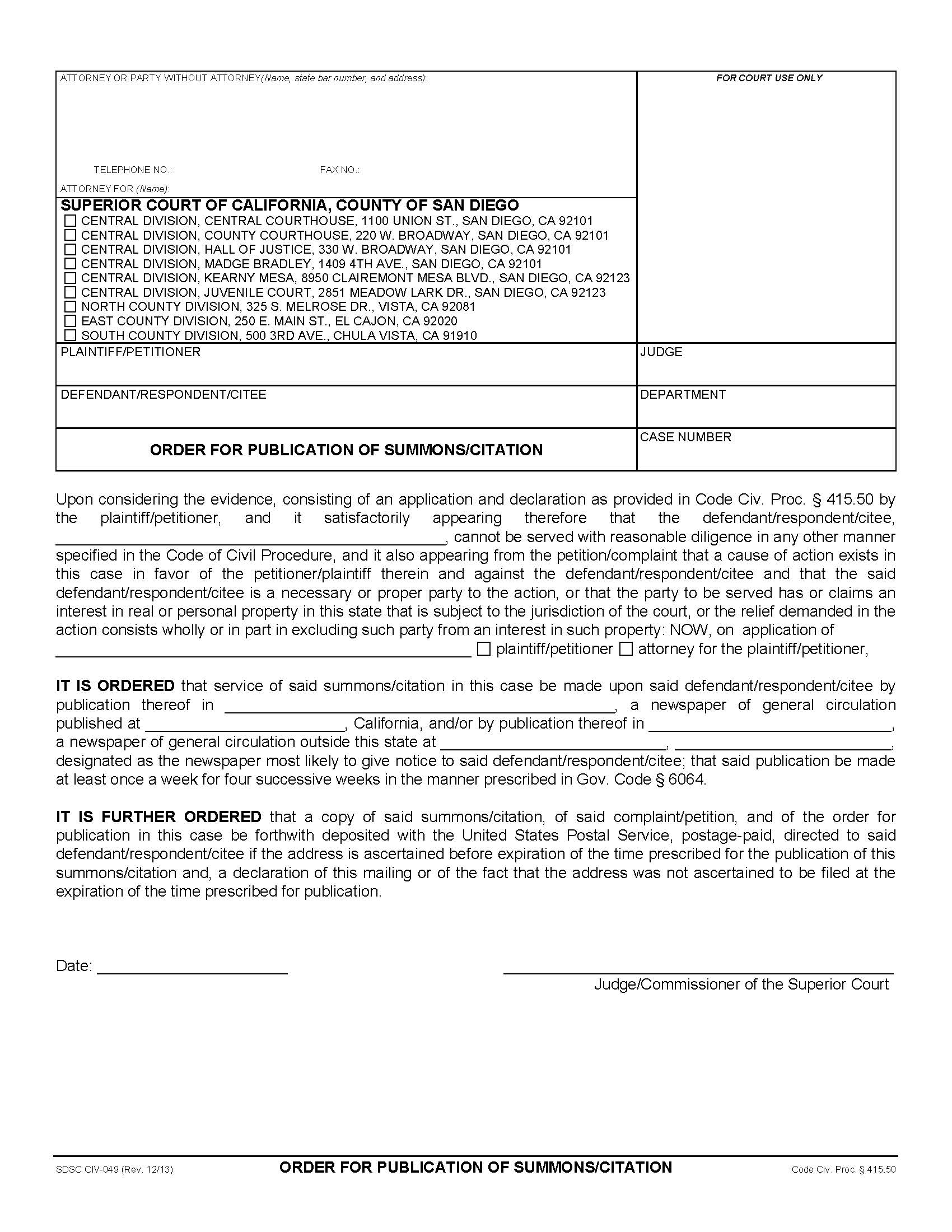 Order For Publication Of Summons-Citation {CIV-049} | Pdf Fpdf Doc Docx | California