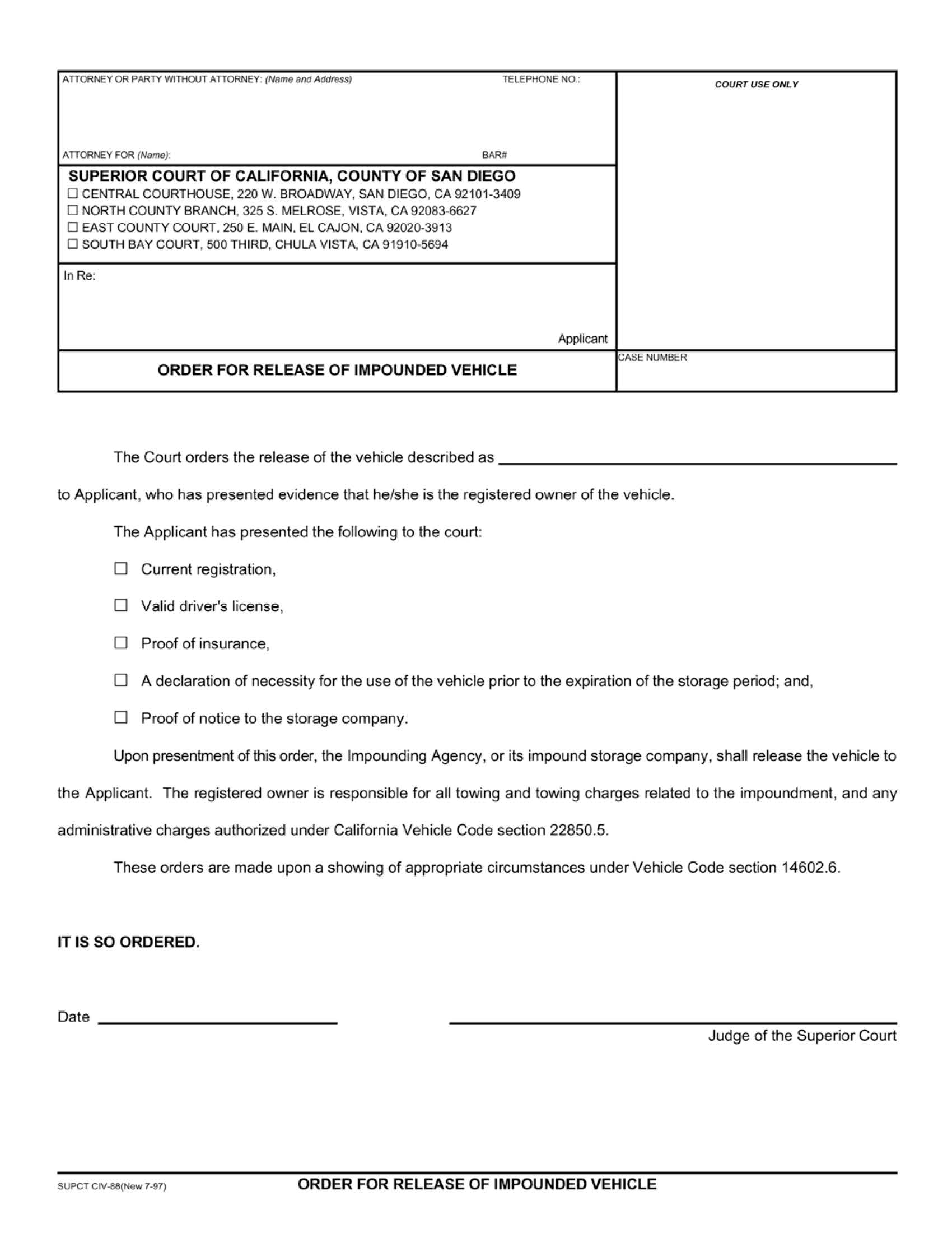 Order For Release Of Impounded Vehicle {CIV-88} | Pdf Fpdf Doc Docx | California