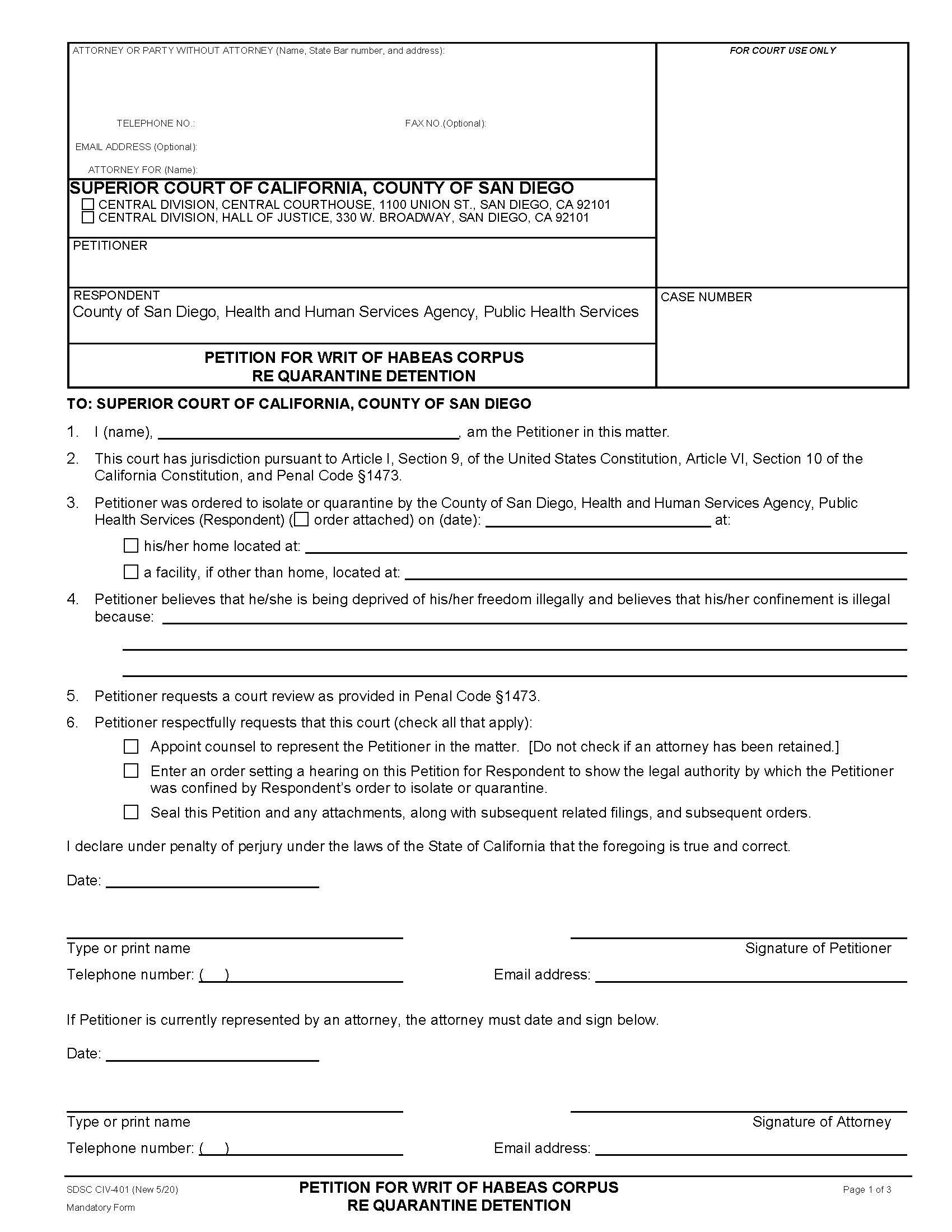 Petition For Writ Of Habeas Corpus Re Quarantine Detention {CIV-401} | Pdf Fpdf Docx | California
