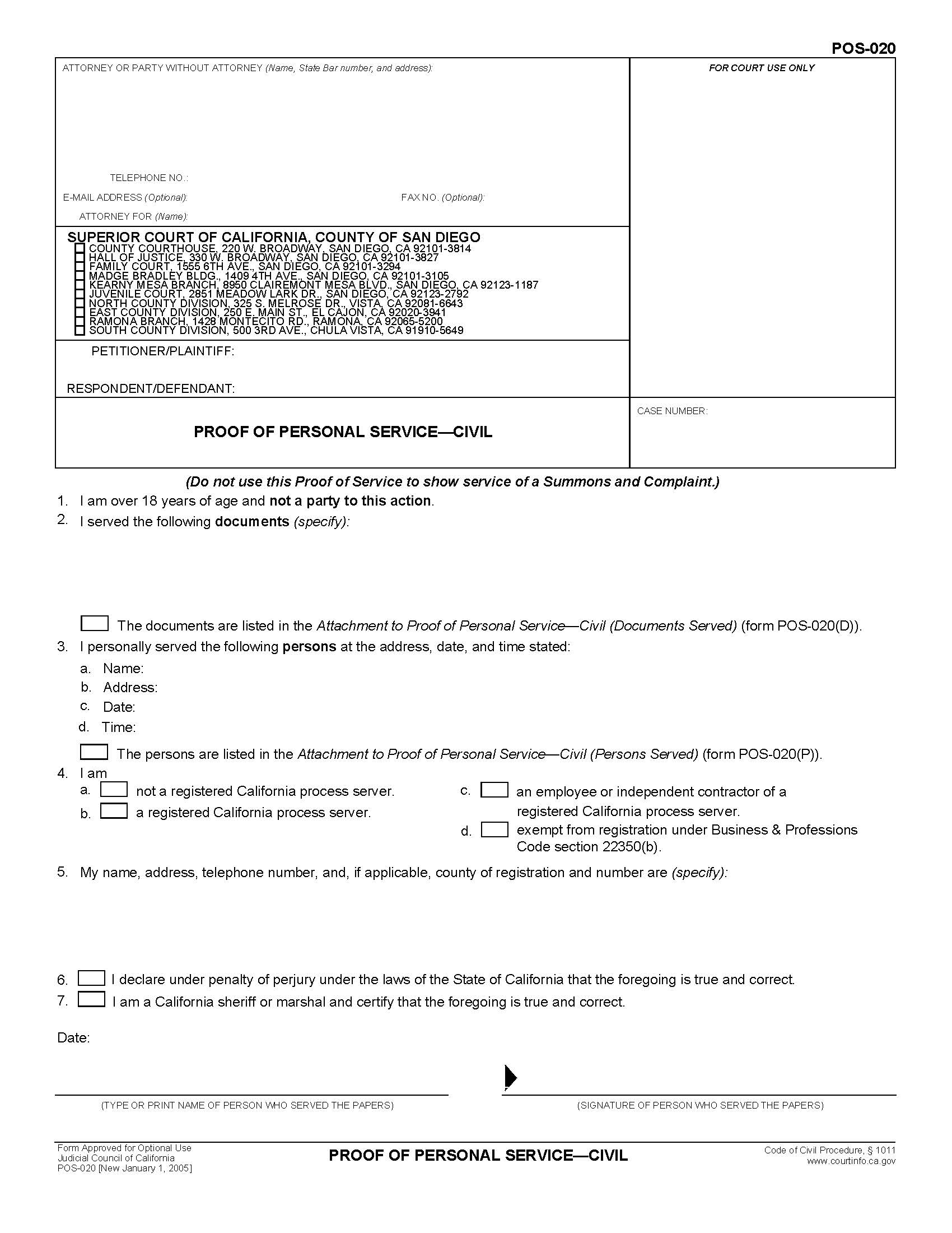 Proof Of Personal Service-Civil (San Diego) {POS-020} | Pdf Fpdf Doc Docx | California