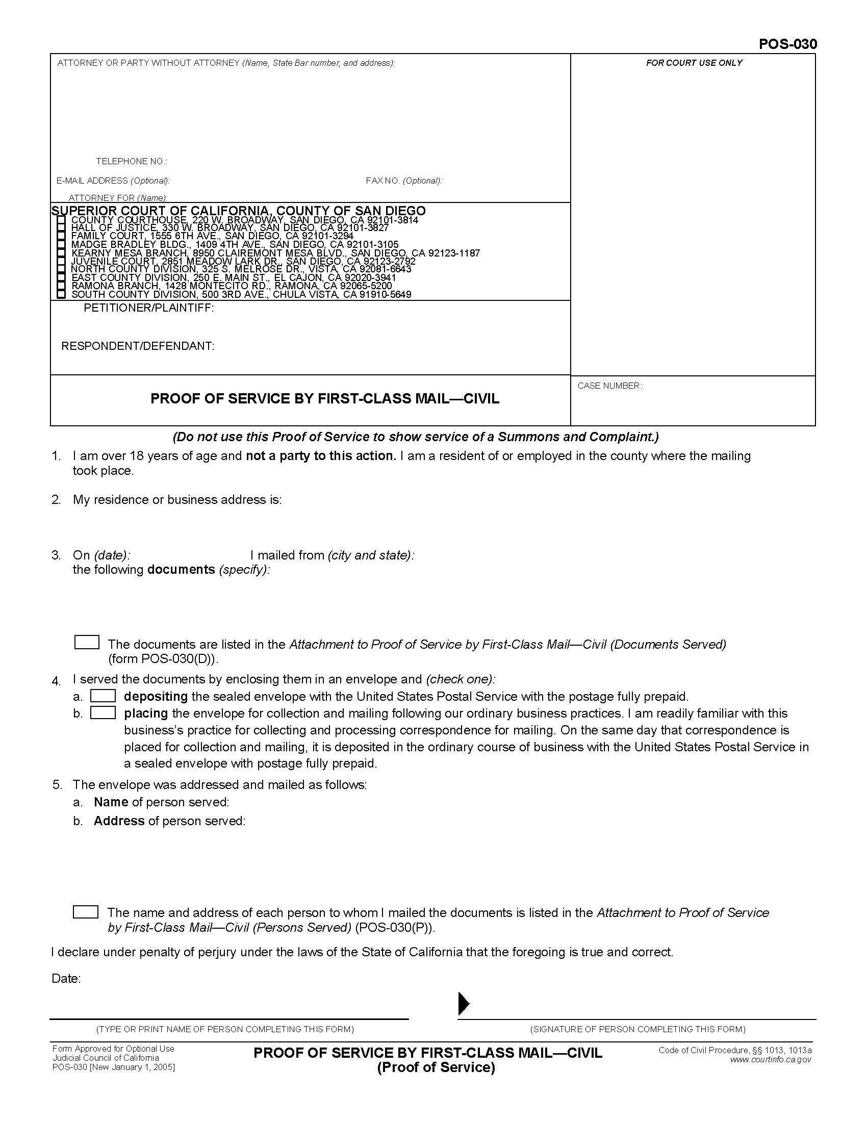 Proof Of Service By First Class Mail-Civil (Proof Of Service) {POS-030} | Pdf Fpdf Doc Docx | California