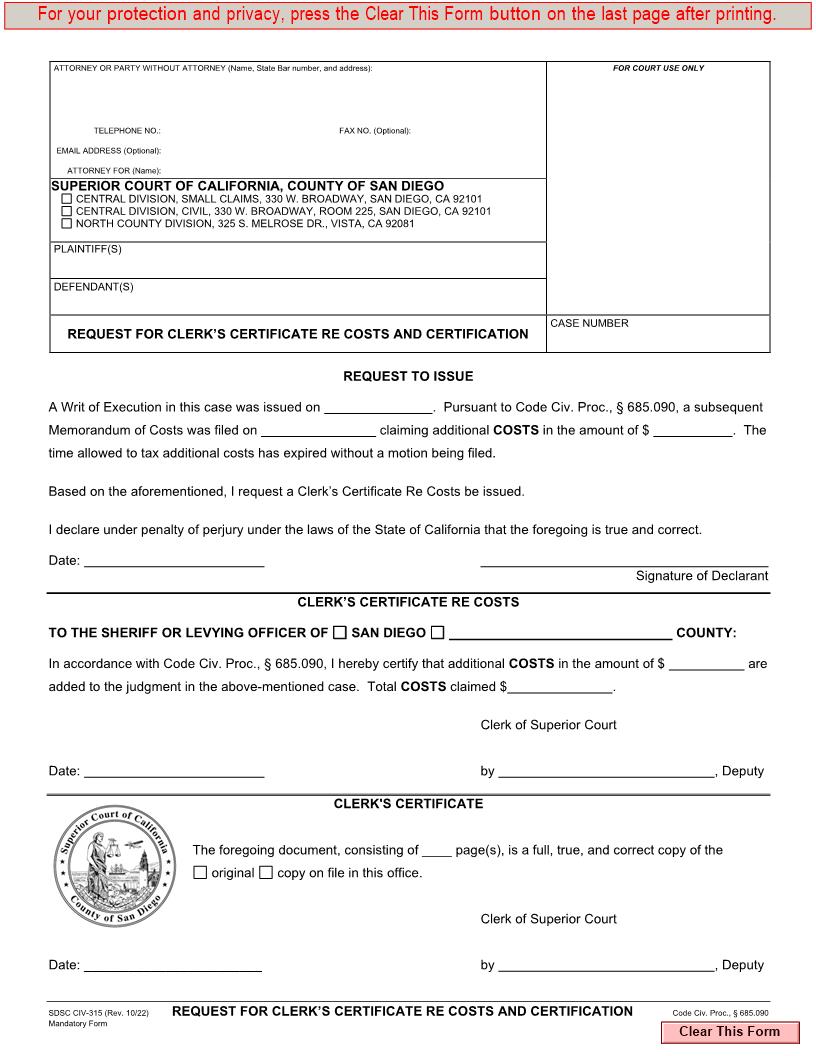 Request For Clerks Certificate Re Costs And Certification {CIV-315} | Pdf Fpdf Doc Docx | California