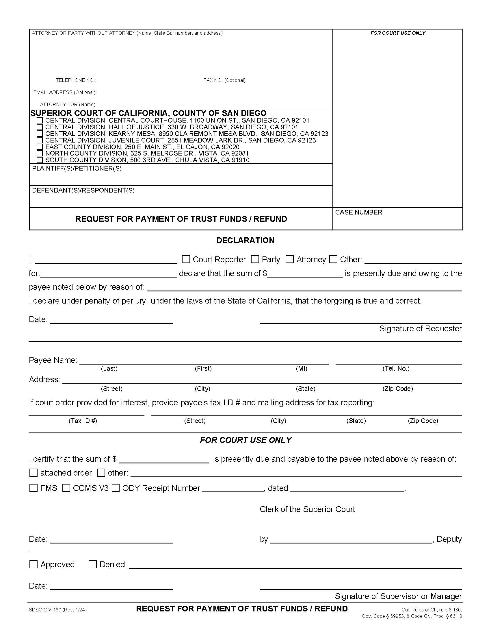 Request For Payment Of Trust Funds {CIV-180} | Pdf Fpdf Doc Docx | California
